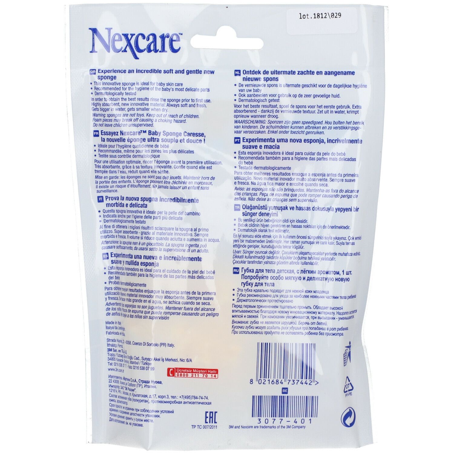 Retro della confezione. Testo multilingue. Scritta: Nexcare. Contiene informazioni sull'uso della spugna Baby Caresse.