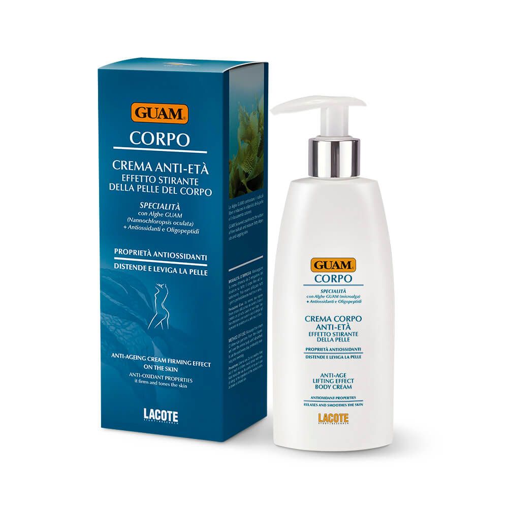 Flacone bianco con dosatore e confezione blu. Scritta GUAM CORPO, crema anti-età.