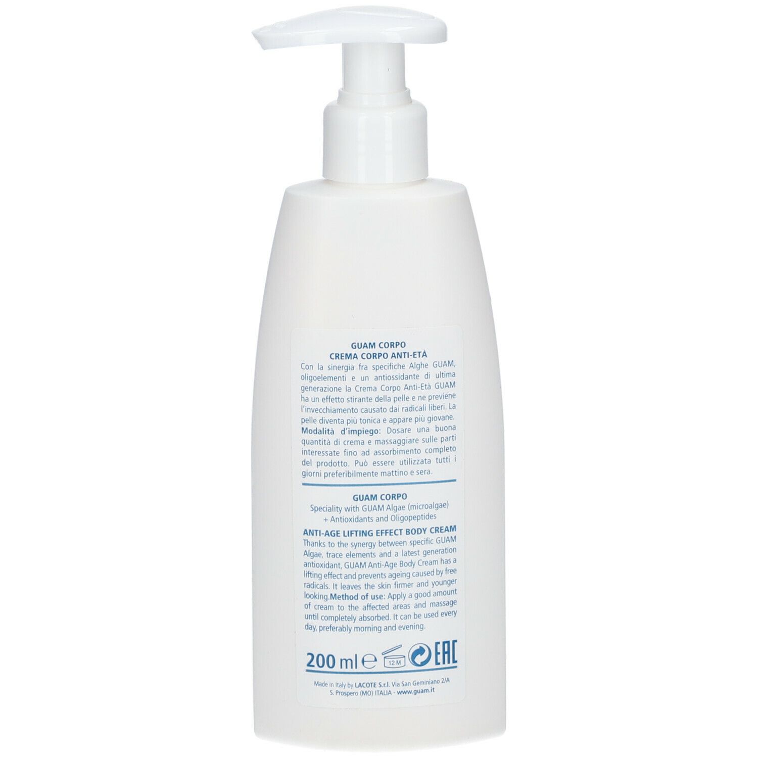 Flacone bianco con dosatore. Scritta GUAM CORPO, crema anti-età. Retro con testo.