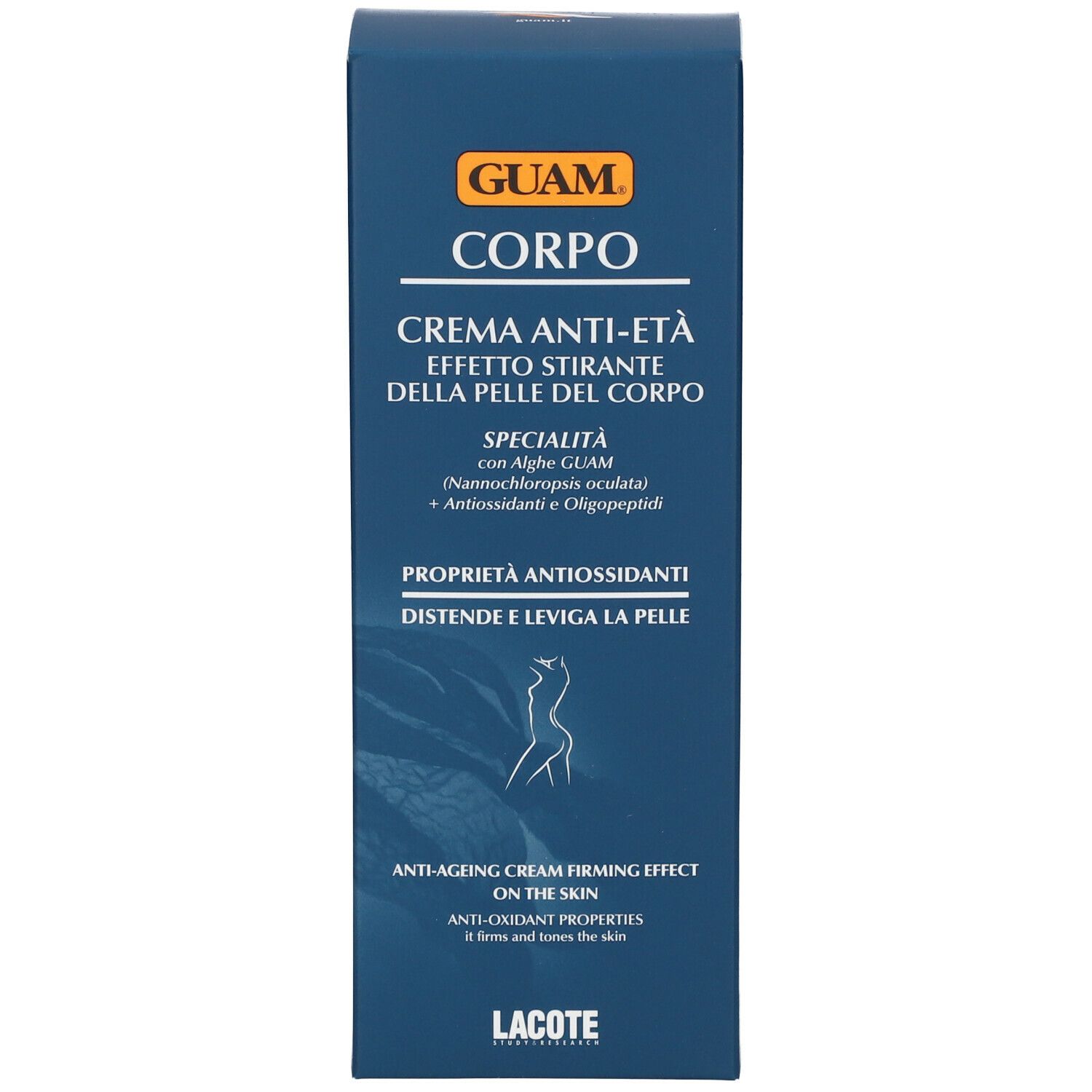 Confezione blu con scritta GUAM CORPO, crema anti-età. Immagine di una donna.