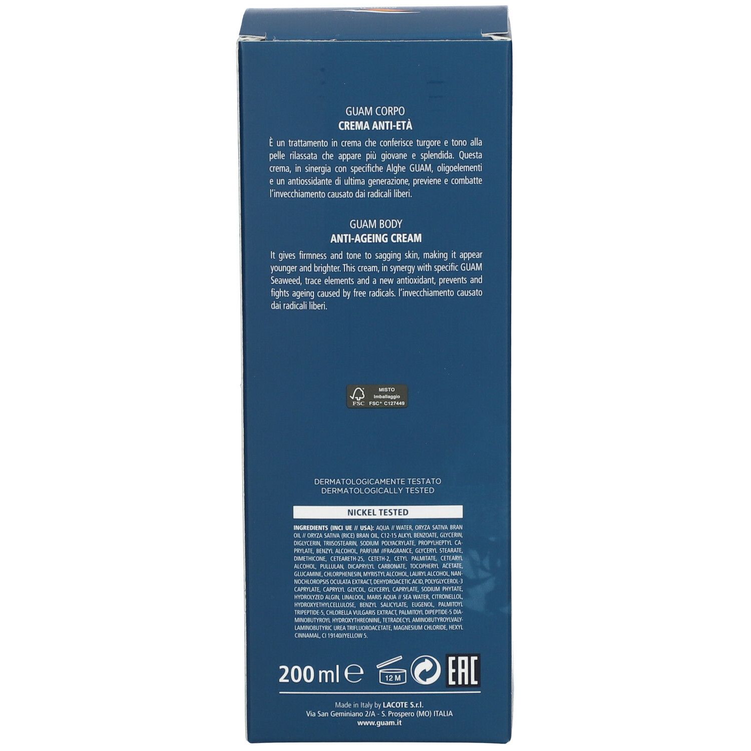 Confezione blu con testo. Contiene informazioni sugli ingredienti e le proprietà.