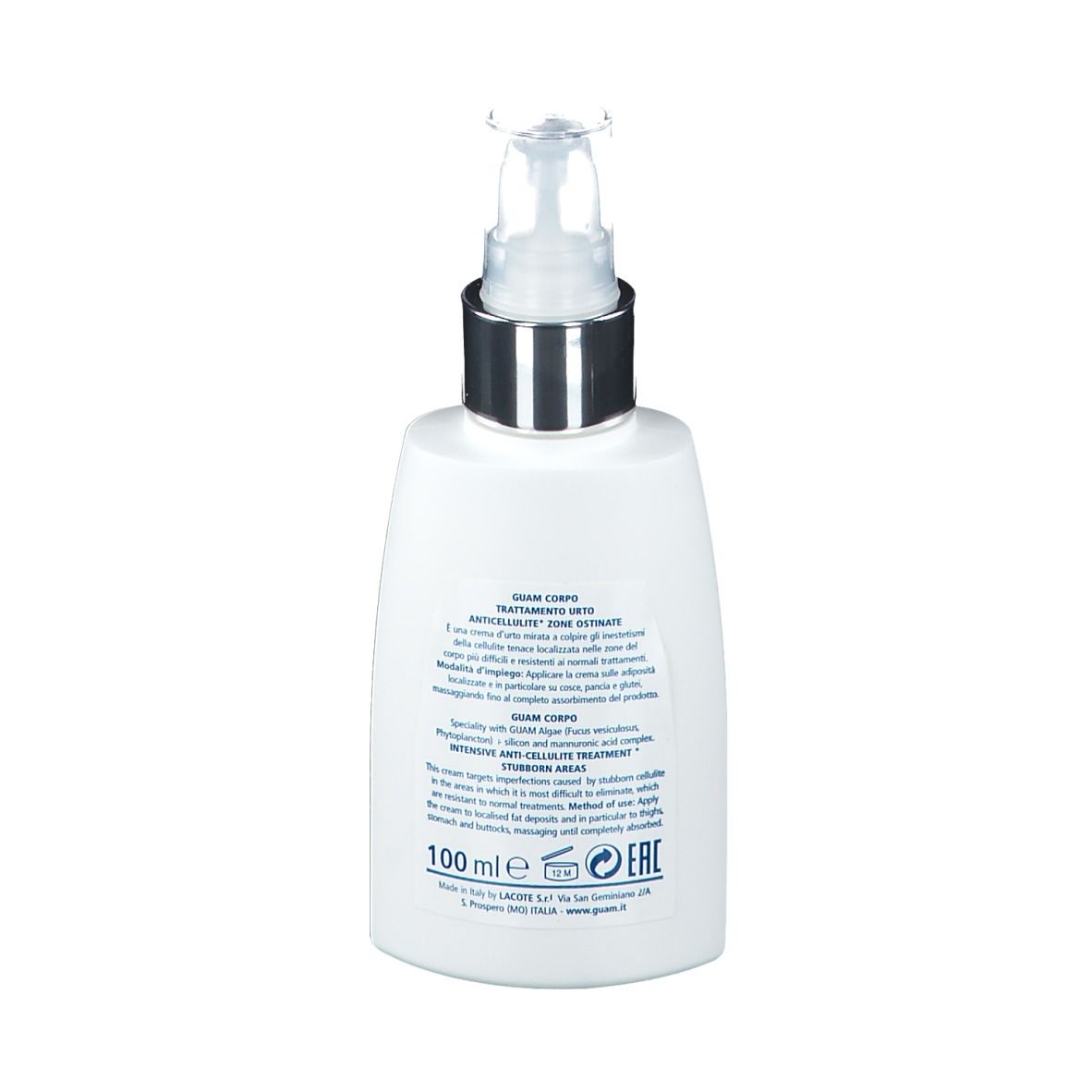 Rückseite der weißen Flasche. Aufschrift: GUAM CORPO Trattamento Urto Anticellulite Zone Ostinate. 100 ml.