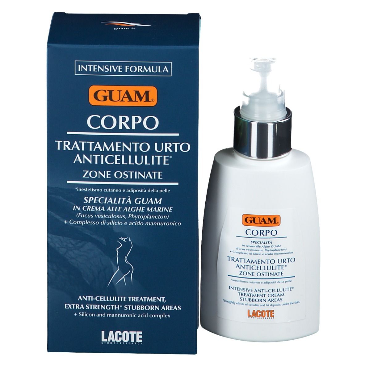 Creme und Verpackung. Aufschrift: GUAM CORPO Trattamento Urto Anticellulite Zone Ostinate. Blaue Verpackung, weiße Flasche.