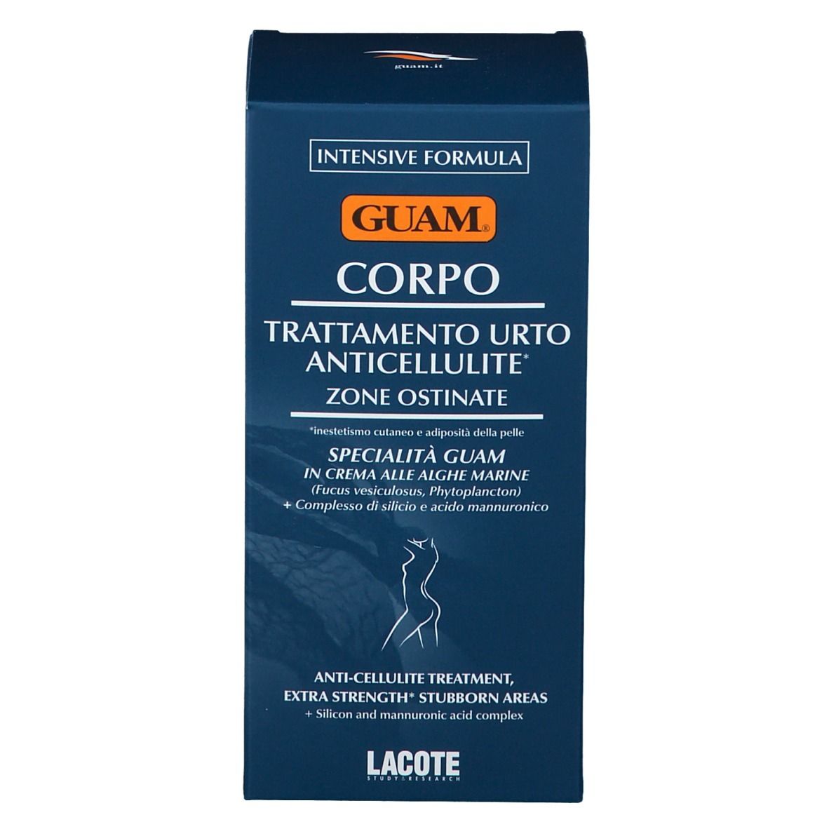 Blaue Verpackung. Aufschrift: GUAM CORPO Trattamento Urto Anticellulite Zone Ostinate. Produktabbildung.