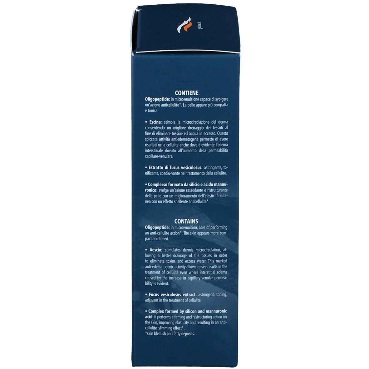Seite der Verpackung. Text über Inhaltsstoffe und Wirkung. Abbildung von Inhaltsstoffen.