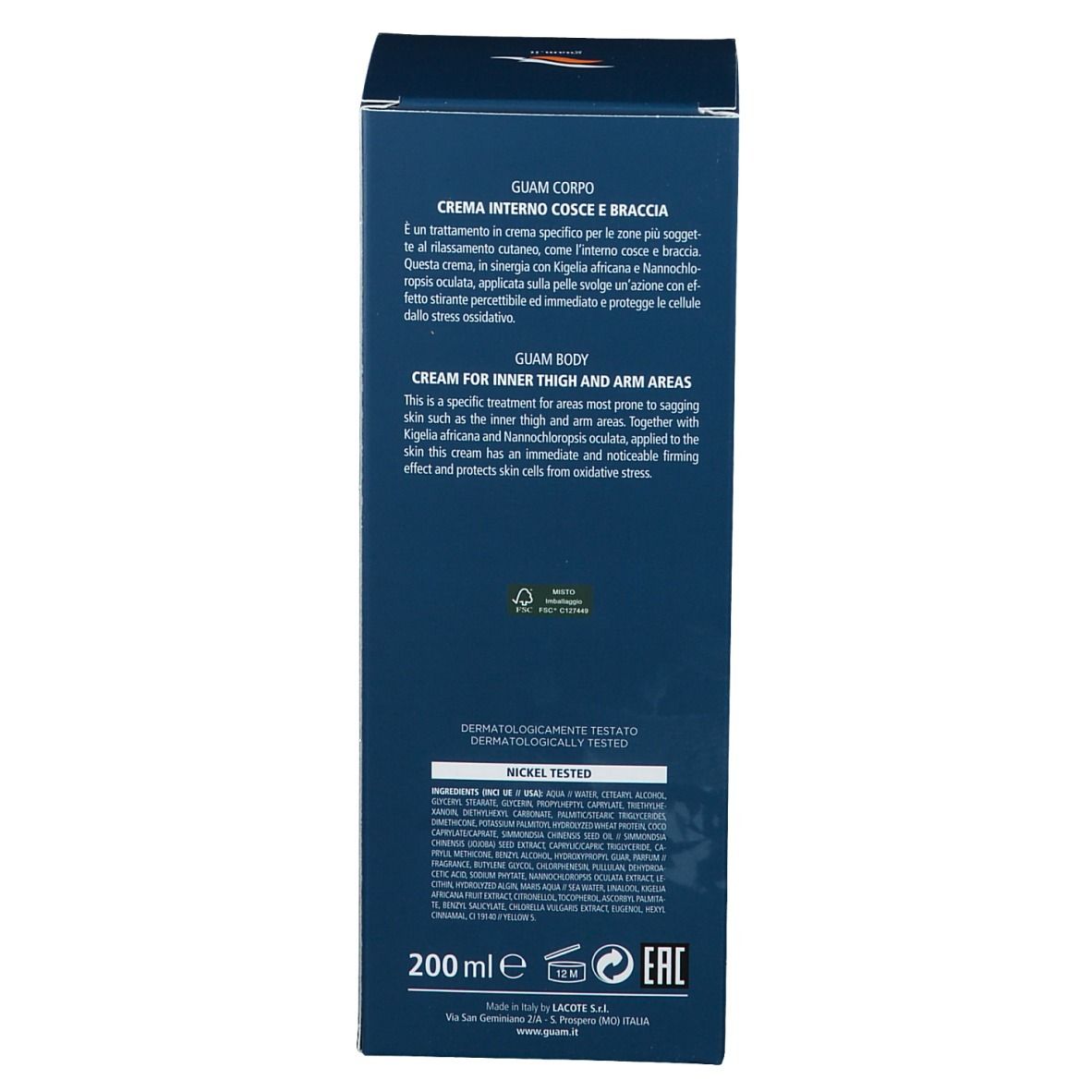 Dos de l'emballage bleu de la crème GUAM®. Texte en italien et en anglais. 200 ml.