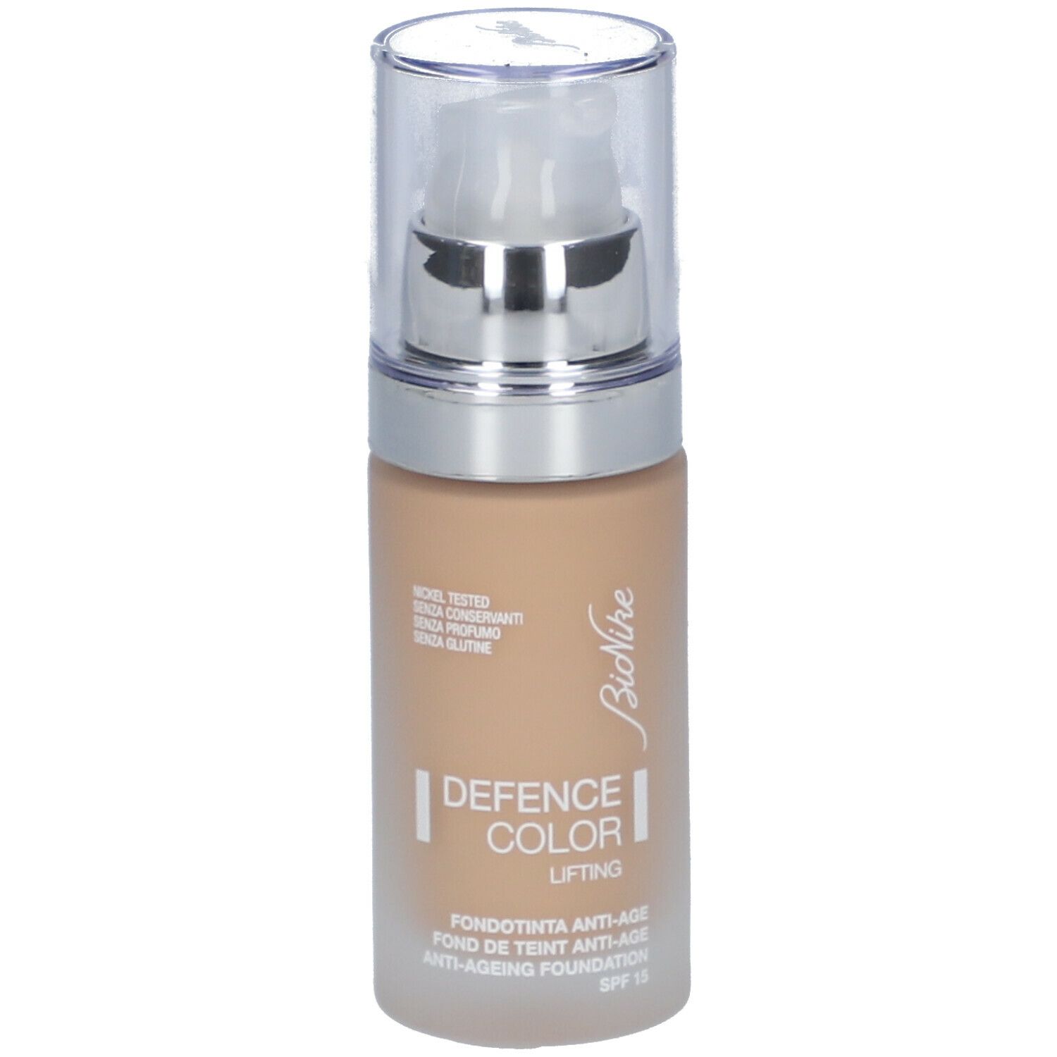Fondotinta lifting BioNike Defence Color. Flacone beige con dosatore a pompa. Scritte: Defence Color Lifting, Anti-Ageing Foundation, SPF 15.