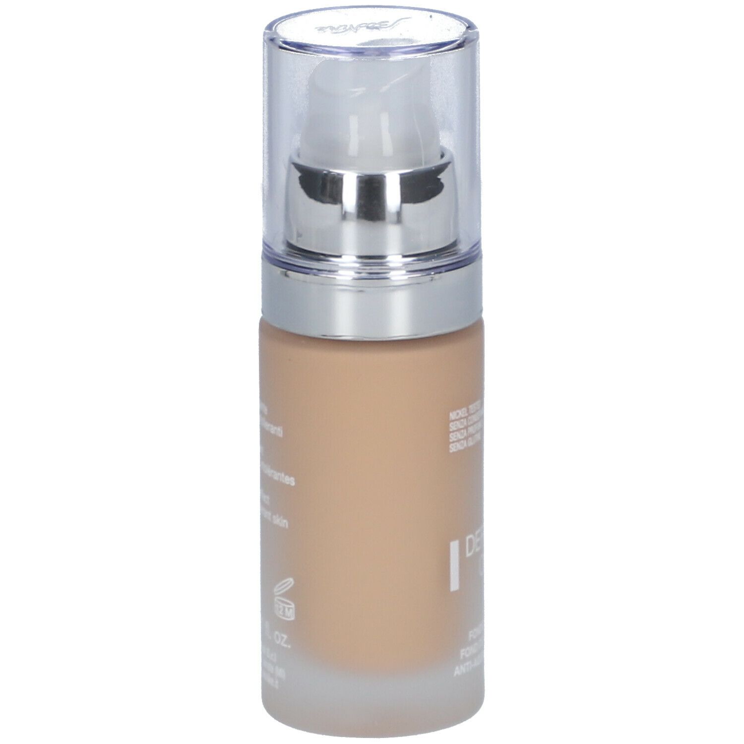 Fondotinta lifting BioNike Defence Color. Retro del flacone. Testo: ingredienti, informazioni produttore, 30 ml, 1.01 fl. oz.