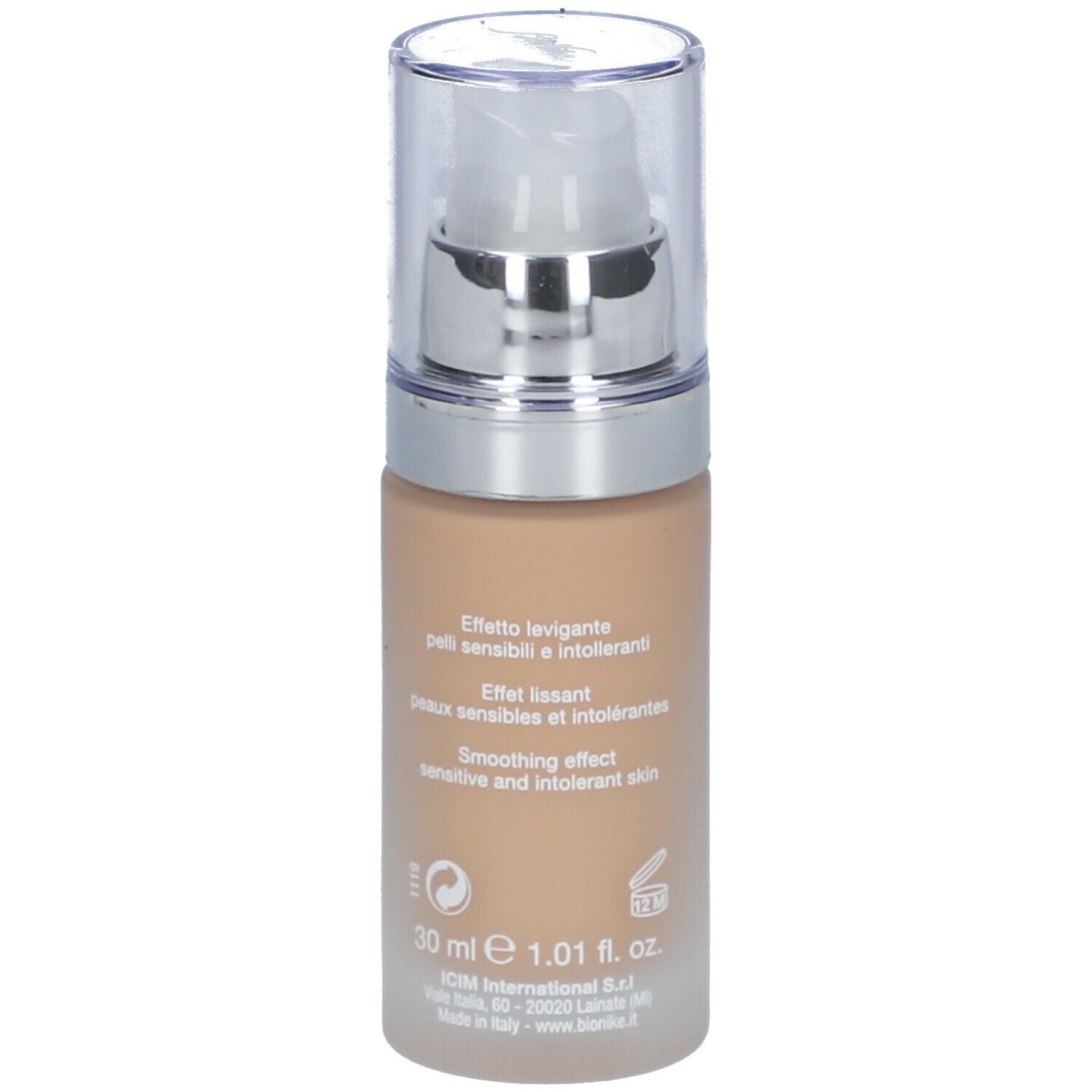 Fondotinta lifting BioNike Defence Color. Flacone con testo: Effetto levigante, Smoothing effect, 30 ml, 1.01 fl. oz.