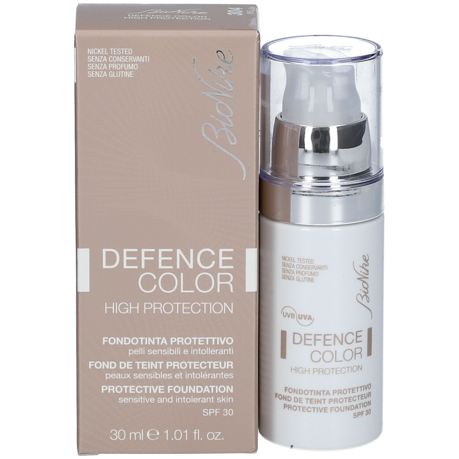 BioNike DEFENCE COLOR PRIMER e confezione. Testo: DEFENCE COLOR, High Protection, SPF 30, 30 ml.