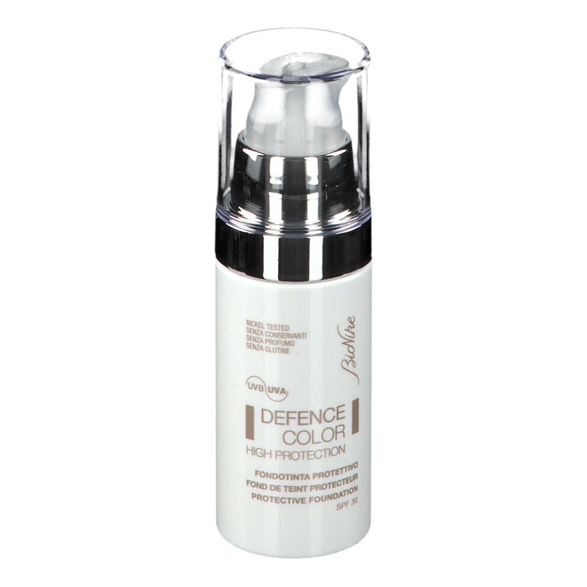 Weiße Flasche mit Pumpe. Aufschrift: DEFENCE COLOR, High Protection, Protective Foundation, SPF 30. Marke: BioNike.