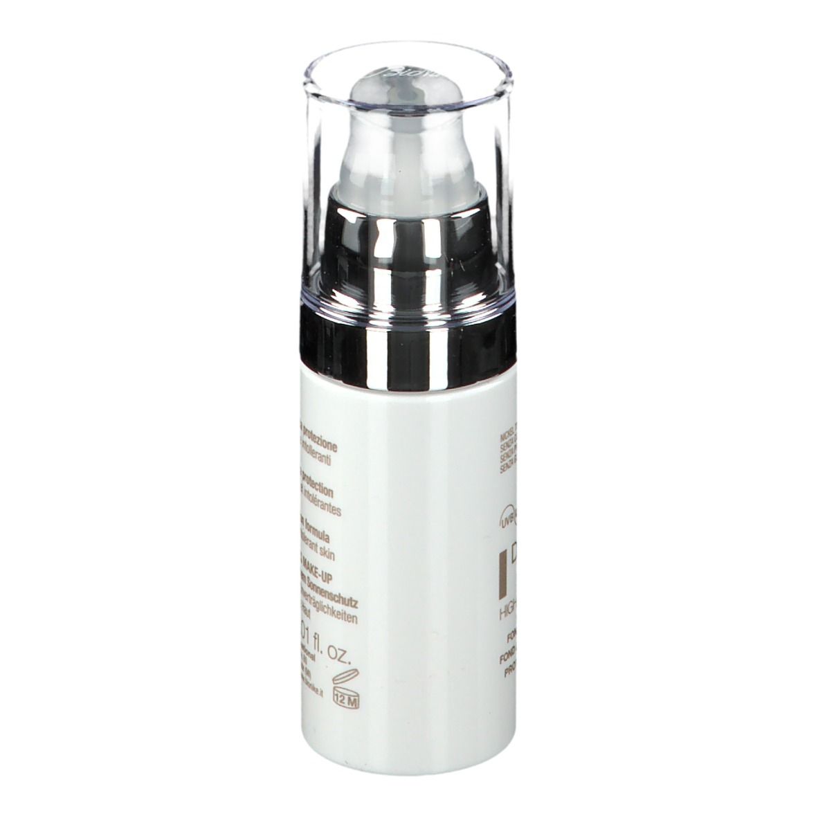 Weiße Flasche mit Pumpe. Aufschrift: DEFENCE COLOR, High Protection, Protective Foundation, SPF 30. Marke: BioNike.