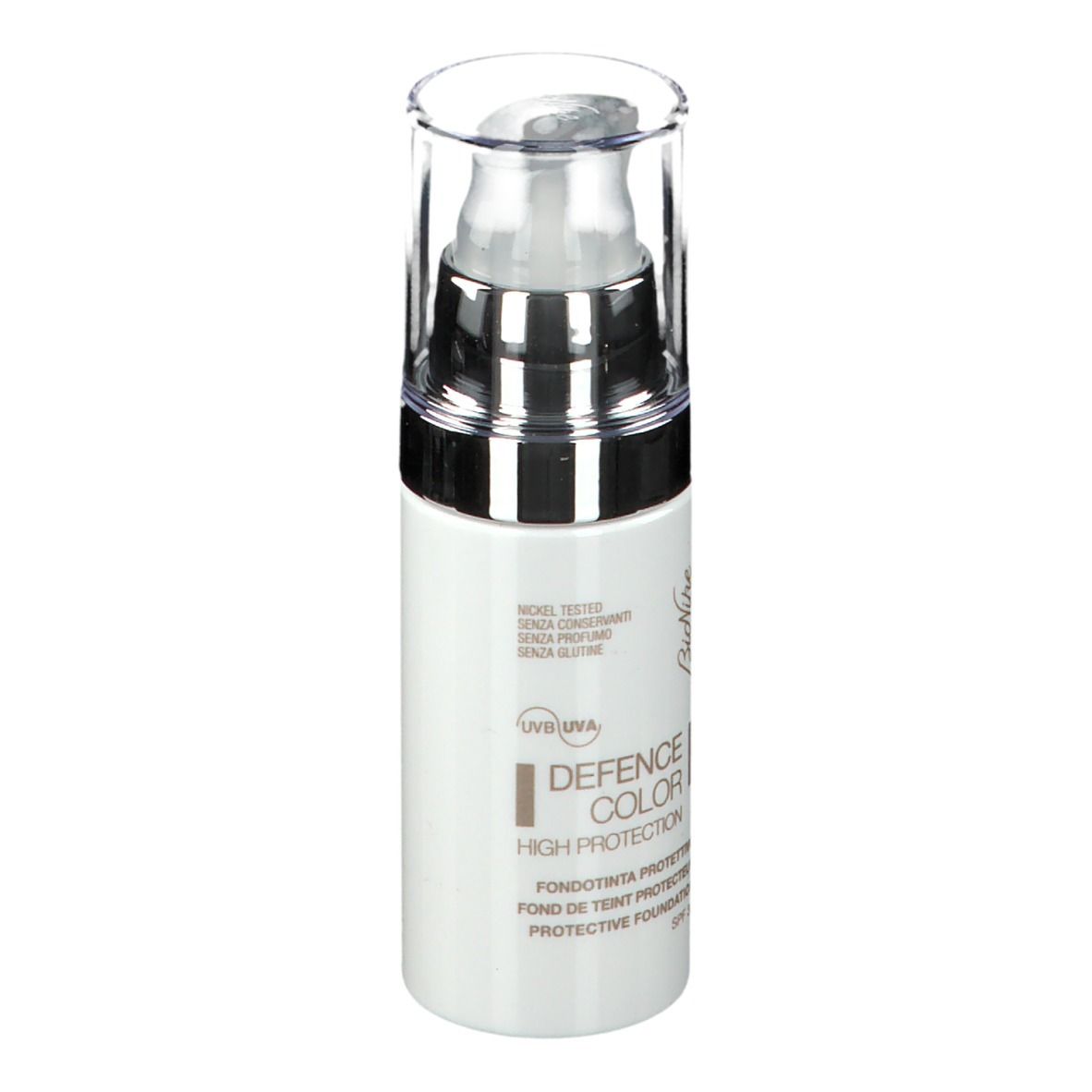 Weiße Flasche mit Pumpe. Aufschrift: DEFENCE COLOR, High Protection, Protective Foundation, SPF 30. Marke: BioNike.