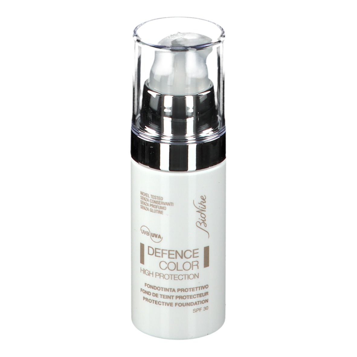 Weiße Flasche mit Pumpe. Aufschrift: DEFENCE COLOR, High Protection, Protective Foundation, SPF 30. Marke: BioNike.