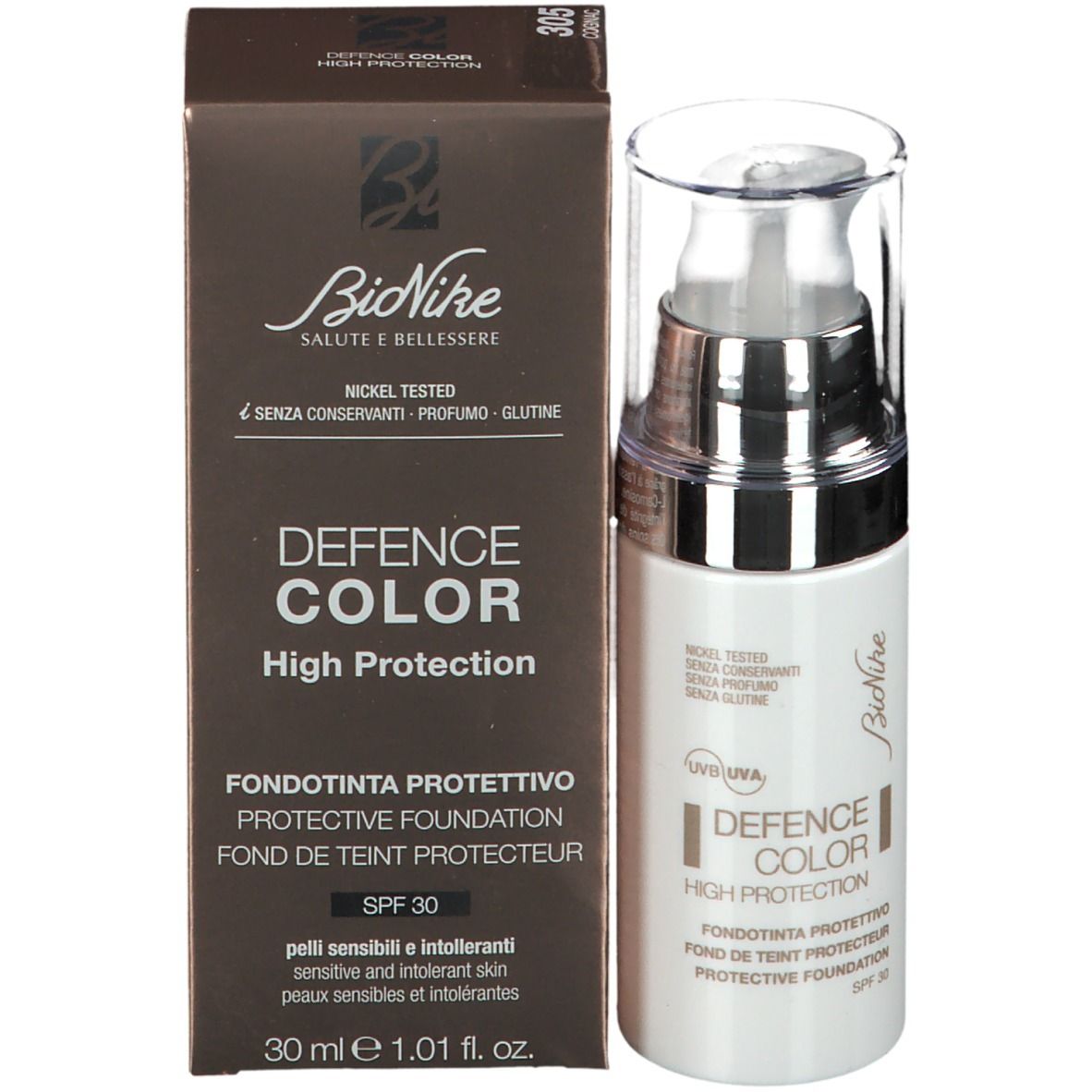 Produkt und Verpackung. Aufschrift: DEFENCE COLOR, High Protection, Protective Foundation, SPF 30. Marke: BioNike.