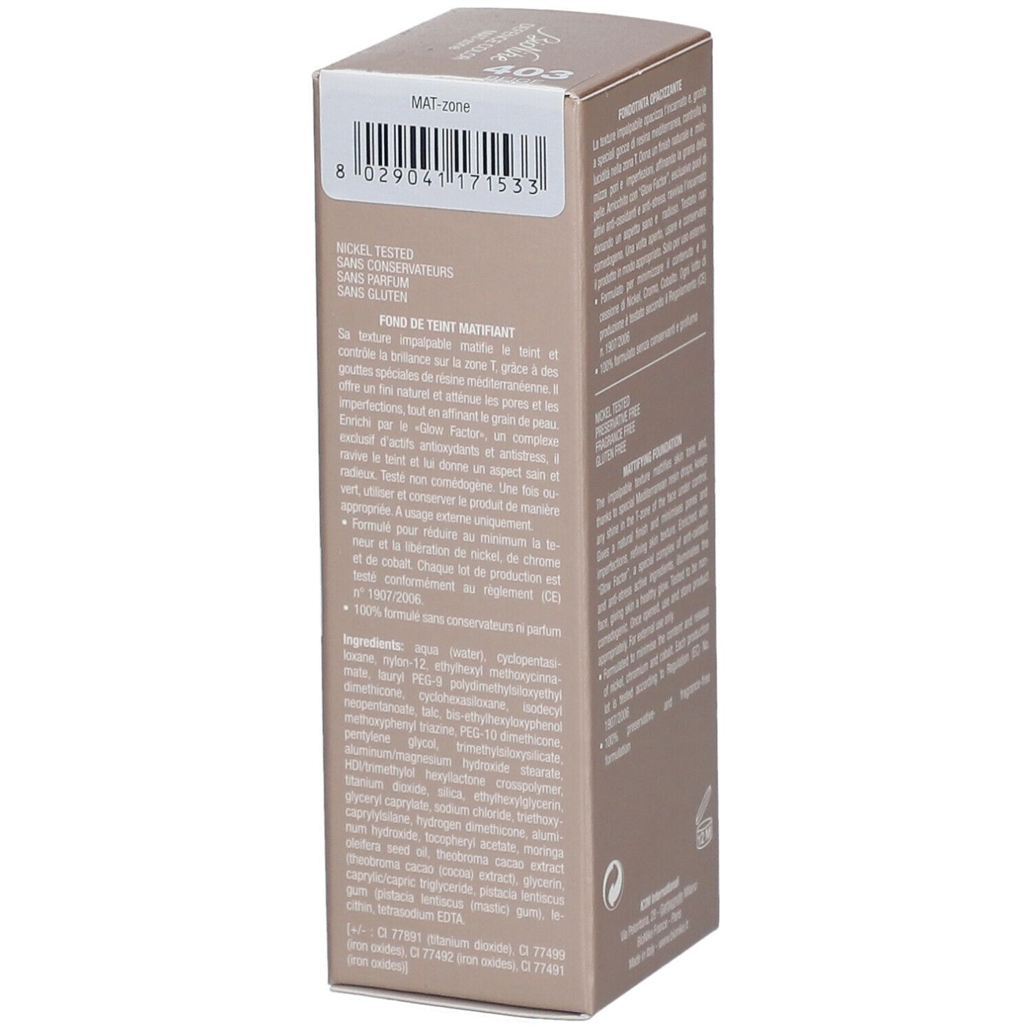 Confezione BioNike Defence Color Mat-zone. Codice colore 403. Testo sulla confezione. Nickel tested, senza conservanti, senza profumo, senza glutine.