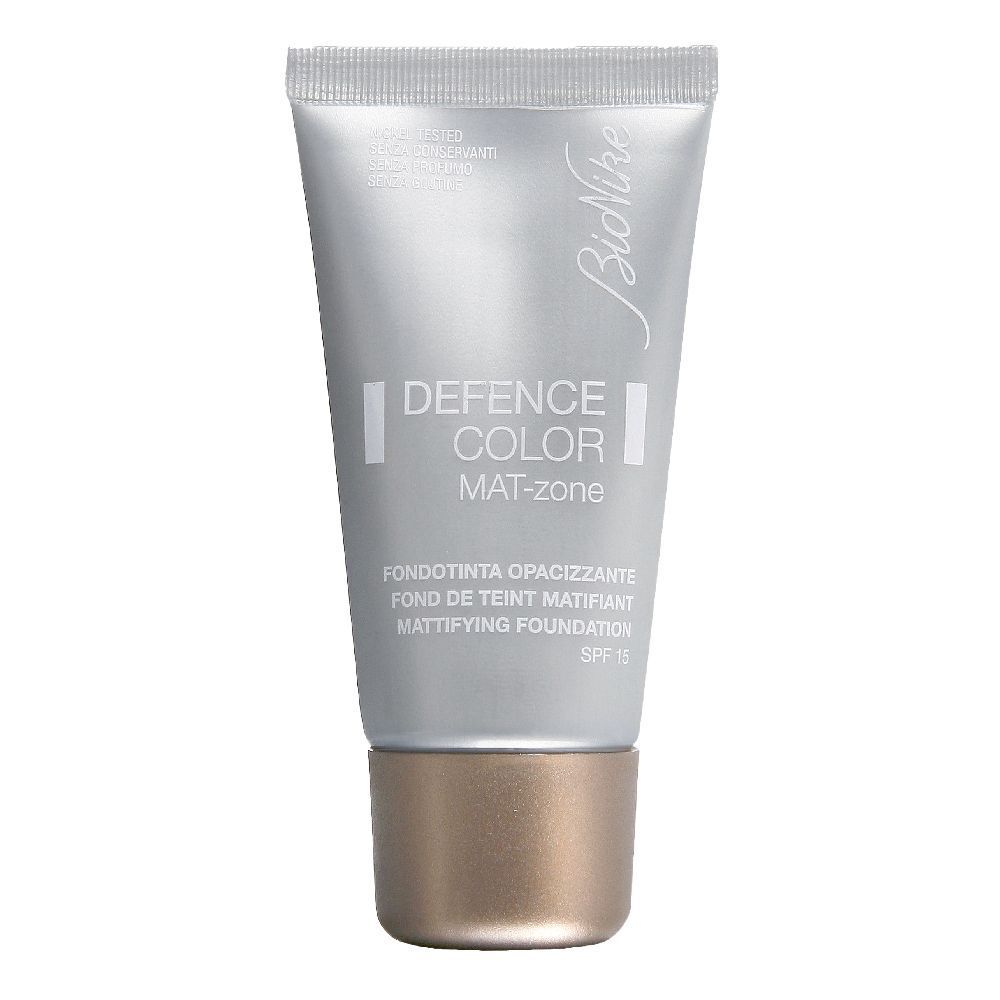 Tubo argentato con tappo a vite. Scritta: Defence Color Mat-zone, SPF 15. Marchio: BioNike.