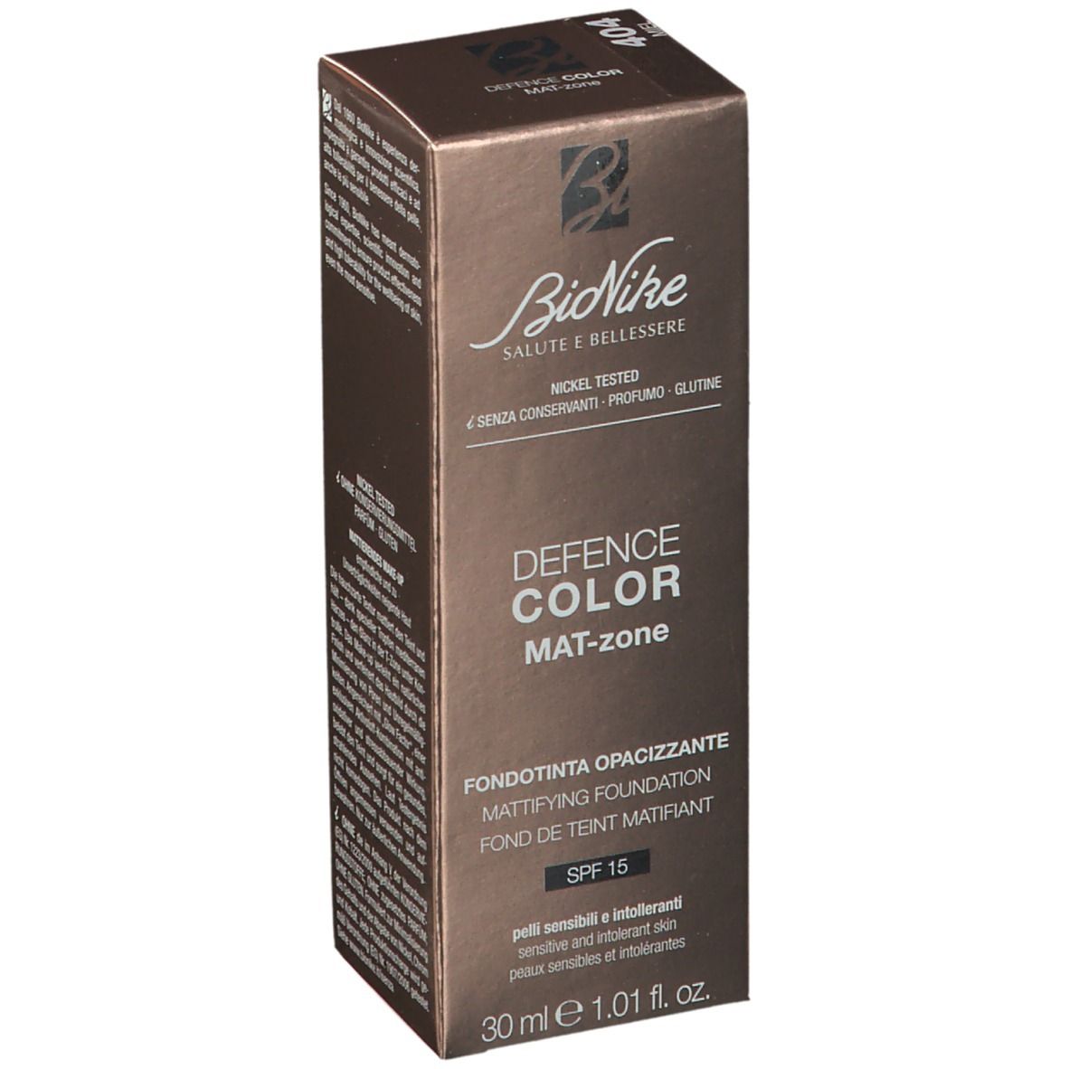Confezione marrone. Scritta: Defence Color Mat-zone, SPF 15. Marchio: BioNike. Contiene 30 ml.