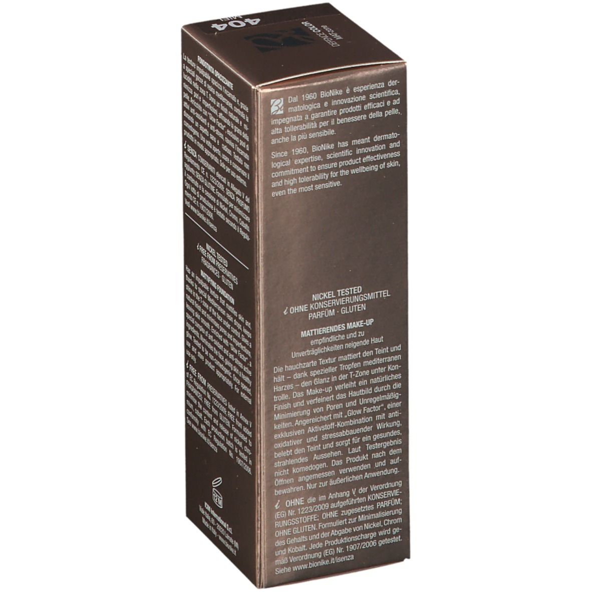 Confezione marrone. Scritta: Defence Color Mat-zone, SPF 15. Marchio: BioNike. Lato con testo.
