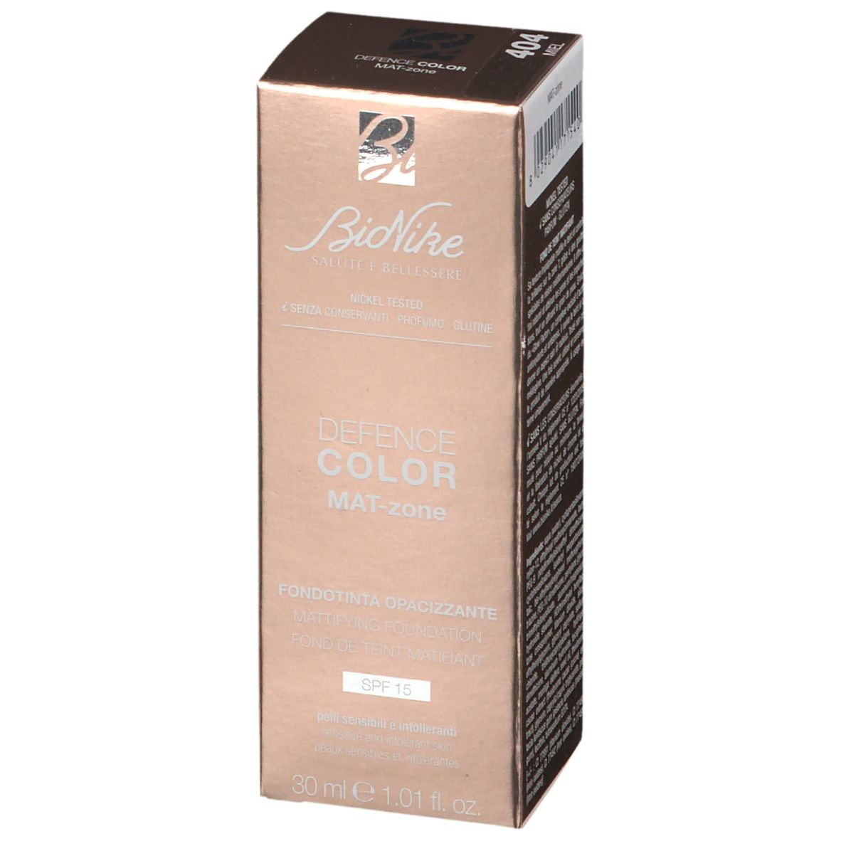 Confezione marrone. Scritta: Defence Color Mat-zone, SPF 15. Marchio: BioNike. Parte anteriore.