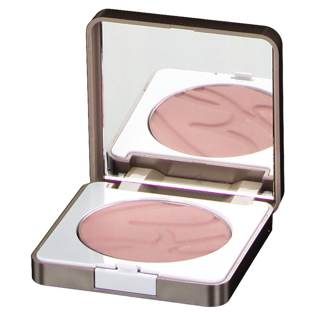 Fard compatto con specchio. Polvere rosa in un astuccio quadrato con cornice argentata e interno bianco. Coperchio aperto.