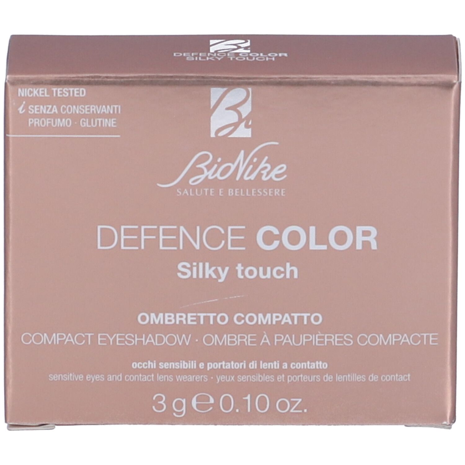 Confezione del prodotto. Marchio Bionike, nome prodotto Defence Color. Testo: Ombretto Compatto.