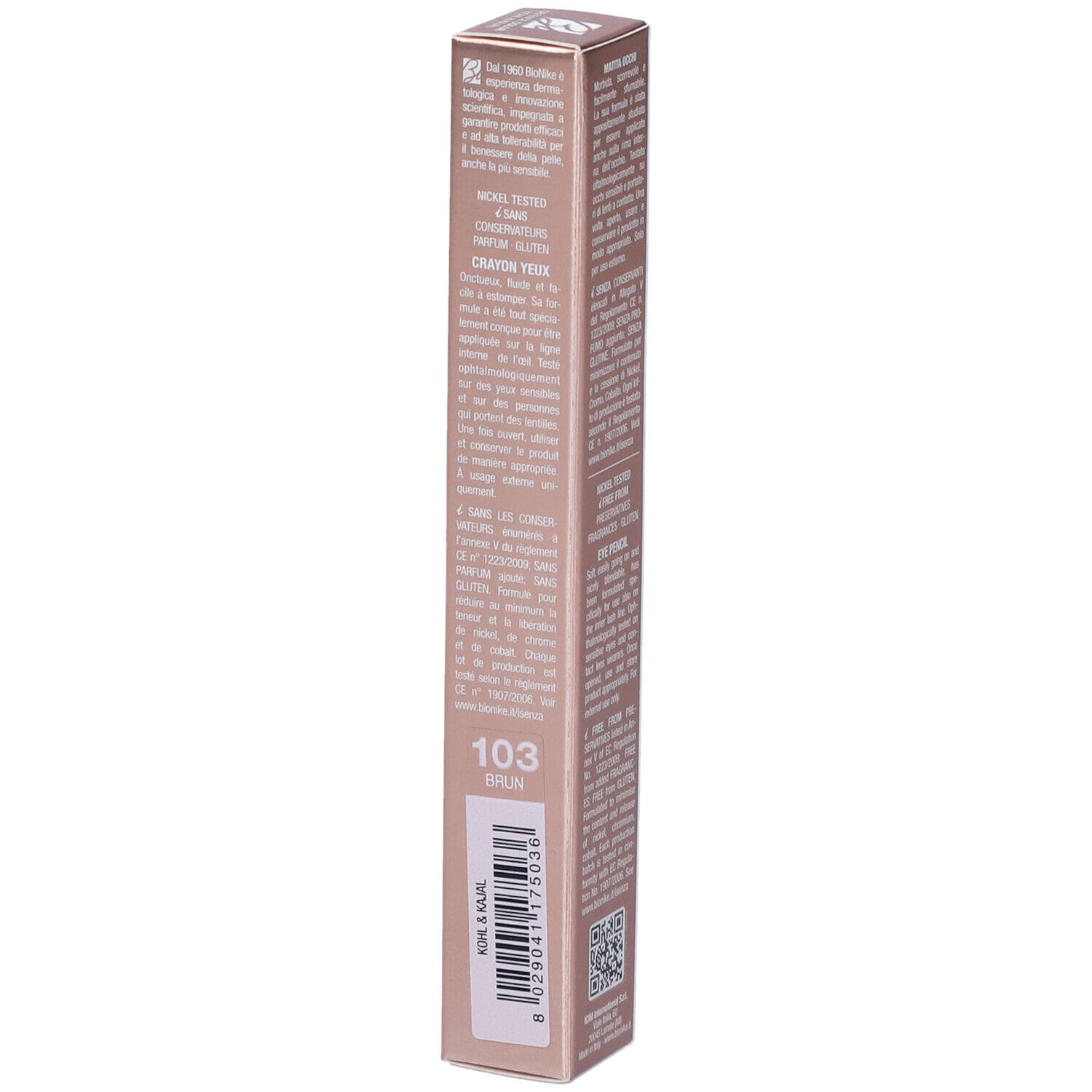Verpackung eines braunen Augenbrauenstifts, Nummer 103.