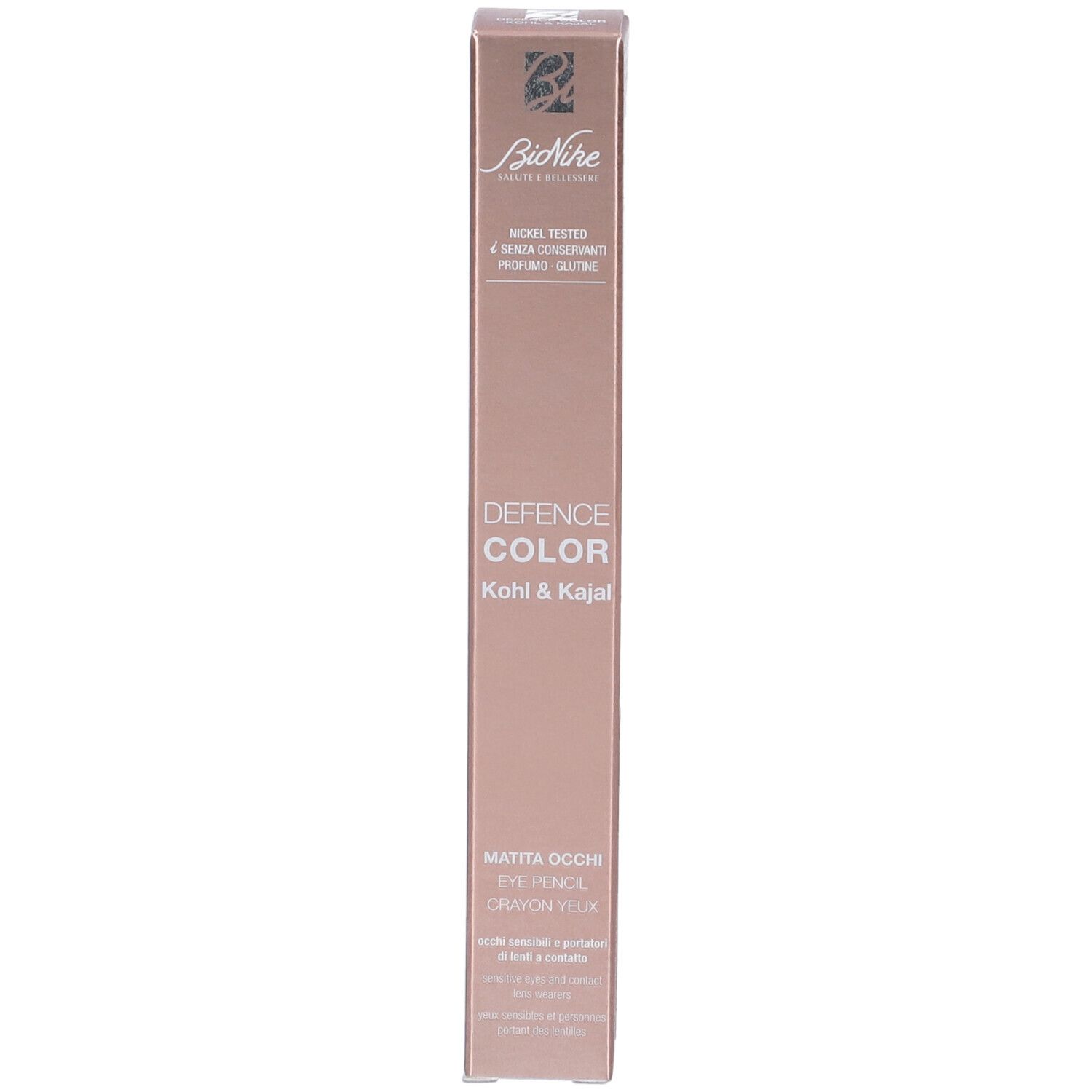 Bionike Defence Color Kohl & Kajal Augenstift-Verpackung. Getestet auf Nickel, ohne Konservierungsstoffe, Duftstoffe, Gluten.