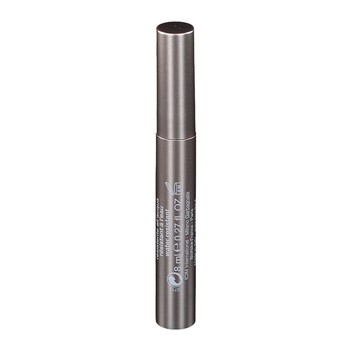 Mascara BioNike Defence Color WP Volume. Tubo grigio con testo nero. Nome del prodotto e marchio visibili.