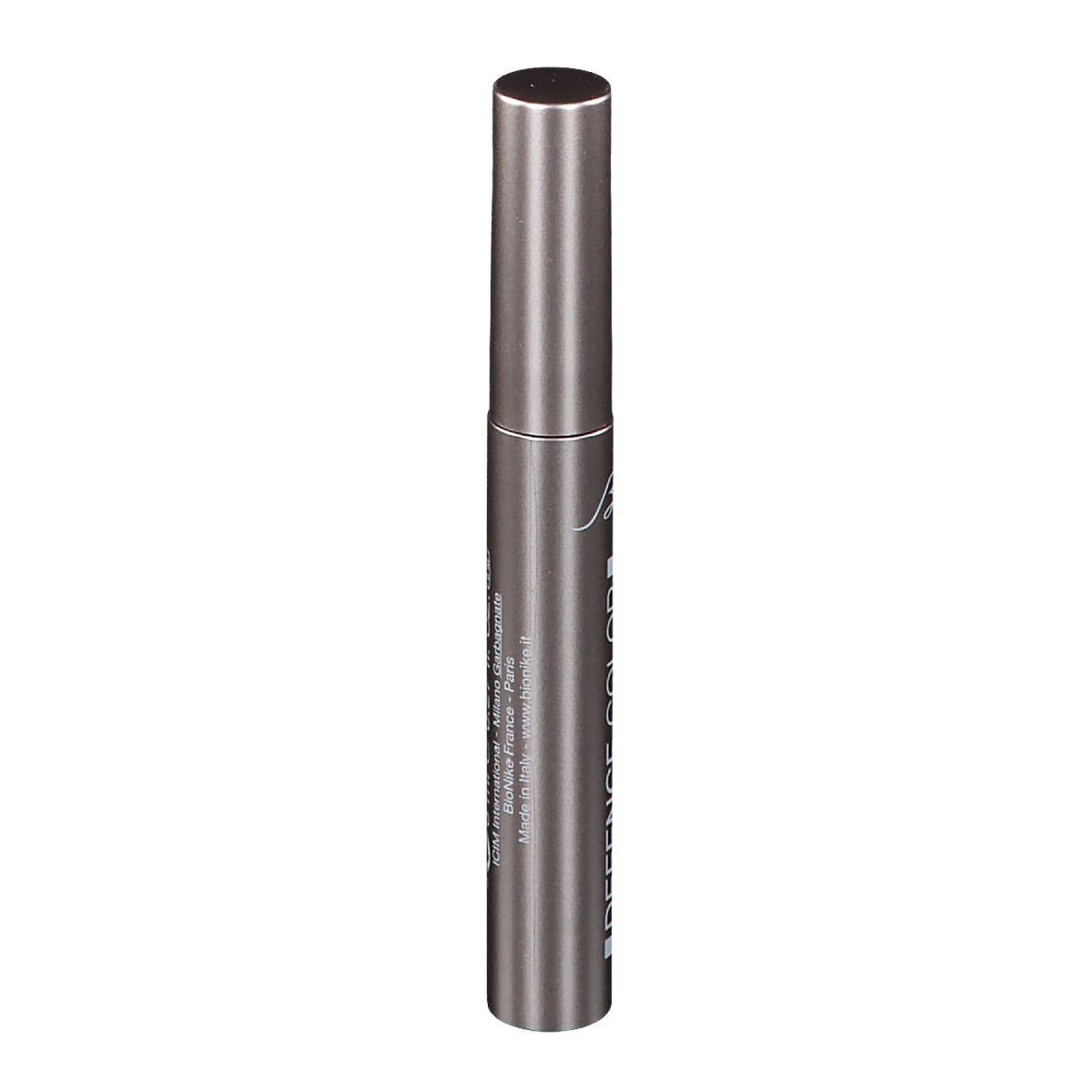 Mascara BioNike Defence Color WP Volume. Tubo grigio con testo nero. Nome del prodotto e marchio visibili.