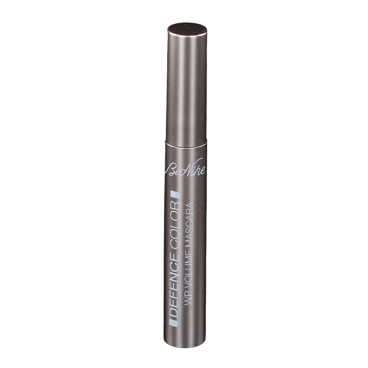 Mascara BioNike Defence Color WP Volume. Tubo grigio con testo nero. Nome del prodotto e marchio visibili.