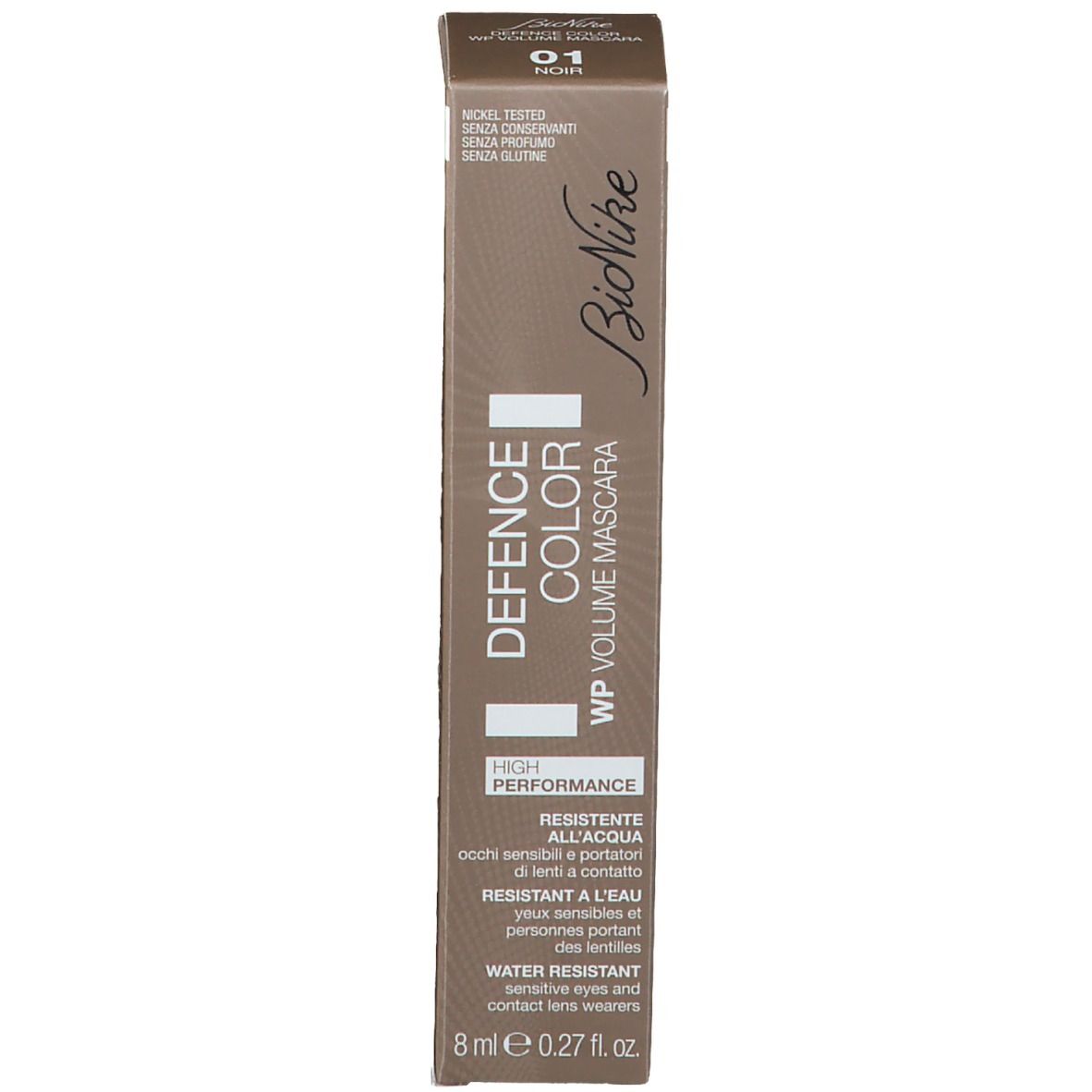 Mascara BioNike Defence Color WP Volume e confezione. Scatola marrone con informazioni sul prodotto.
