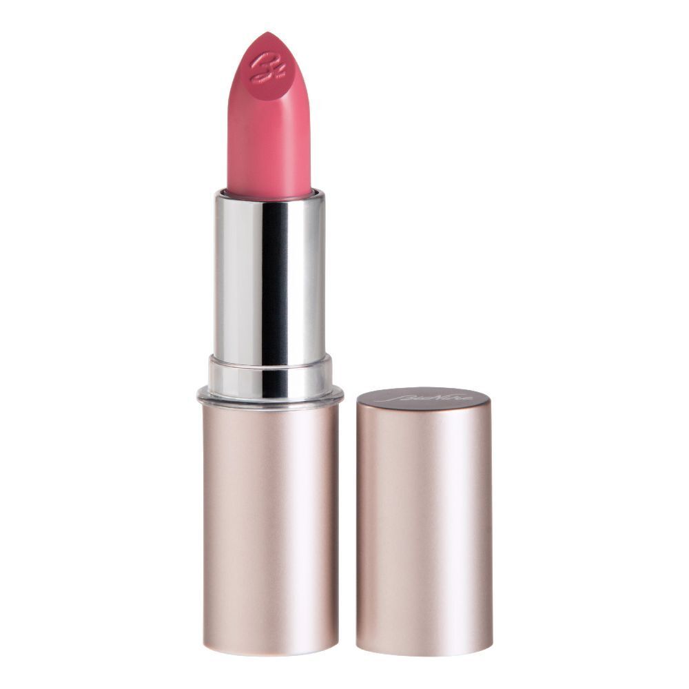 Rossetto rosa in astuccio metallico. Tappo accanto. Punta del rossetto con logo. Confezione aperta.