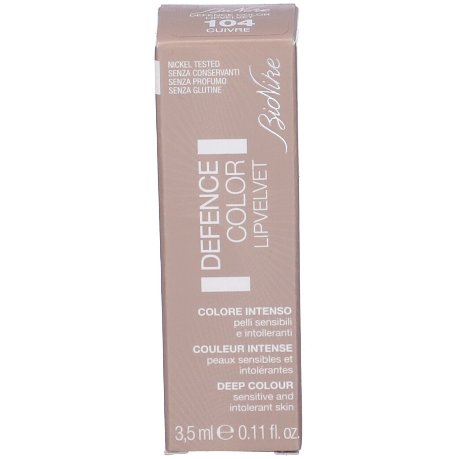 Confezione rossetto. Testo: Defence Color Lipvelvet, 104 Cuivre, Bionike.