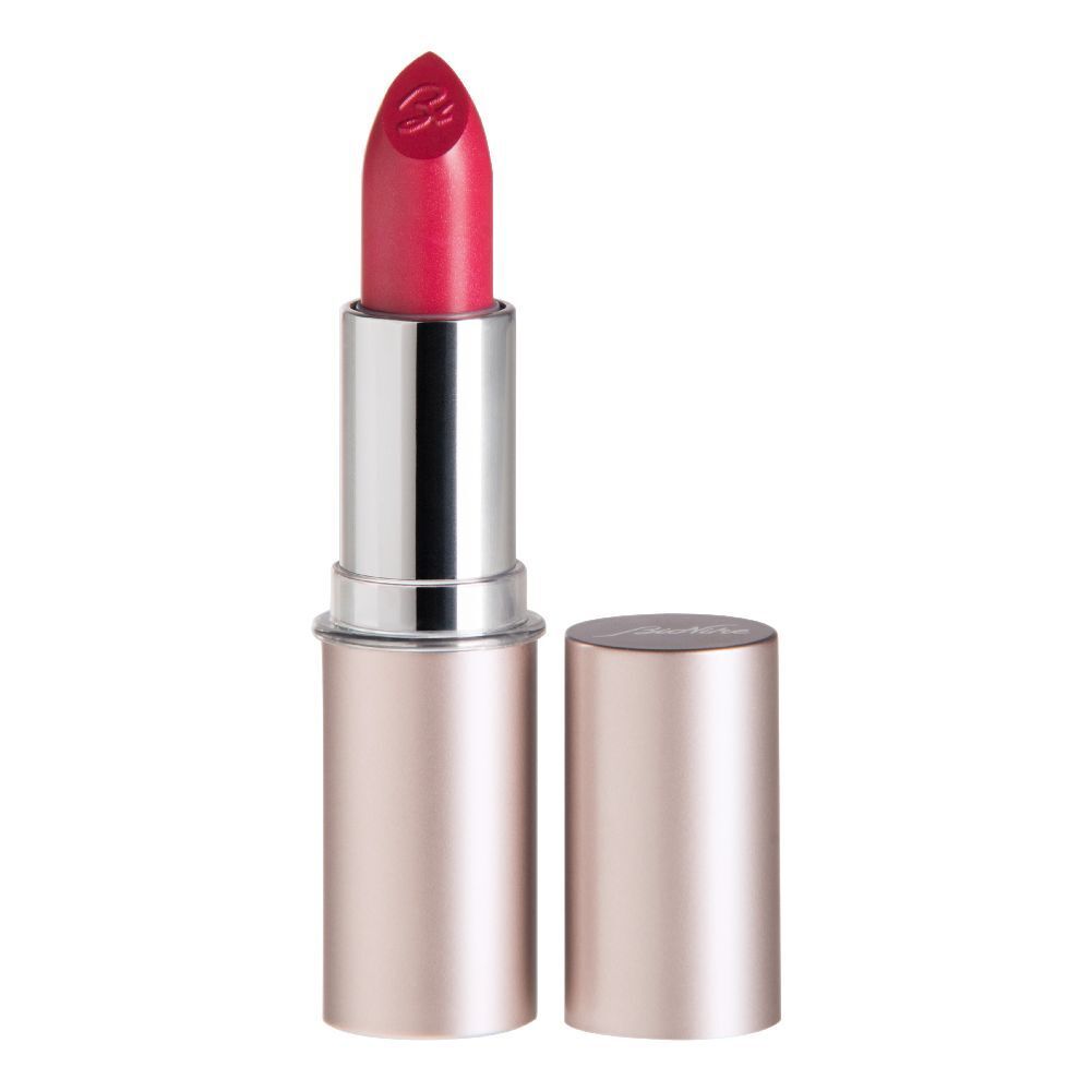 Rossetto rosa con astuccio argentato e cappuccio aperto. Il rossetto ha la forma di una goccia.