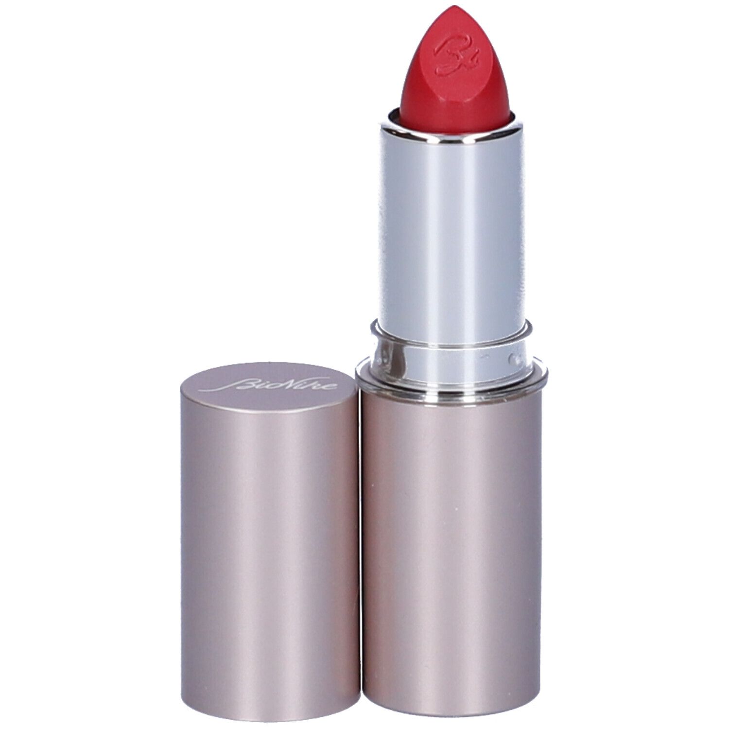 Rossetto rosa con astuccio argentato e cappuccio aperto. Sul rossetto è impresso un logo.