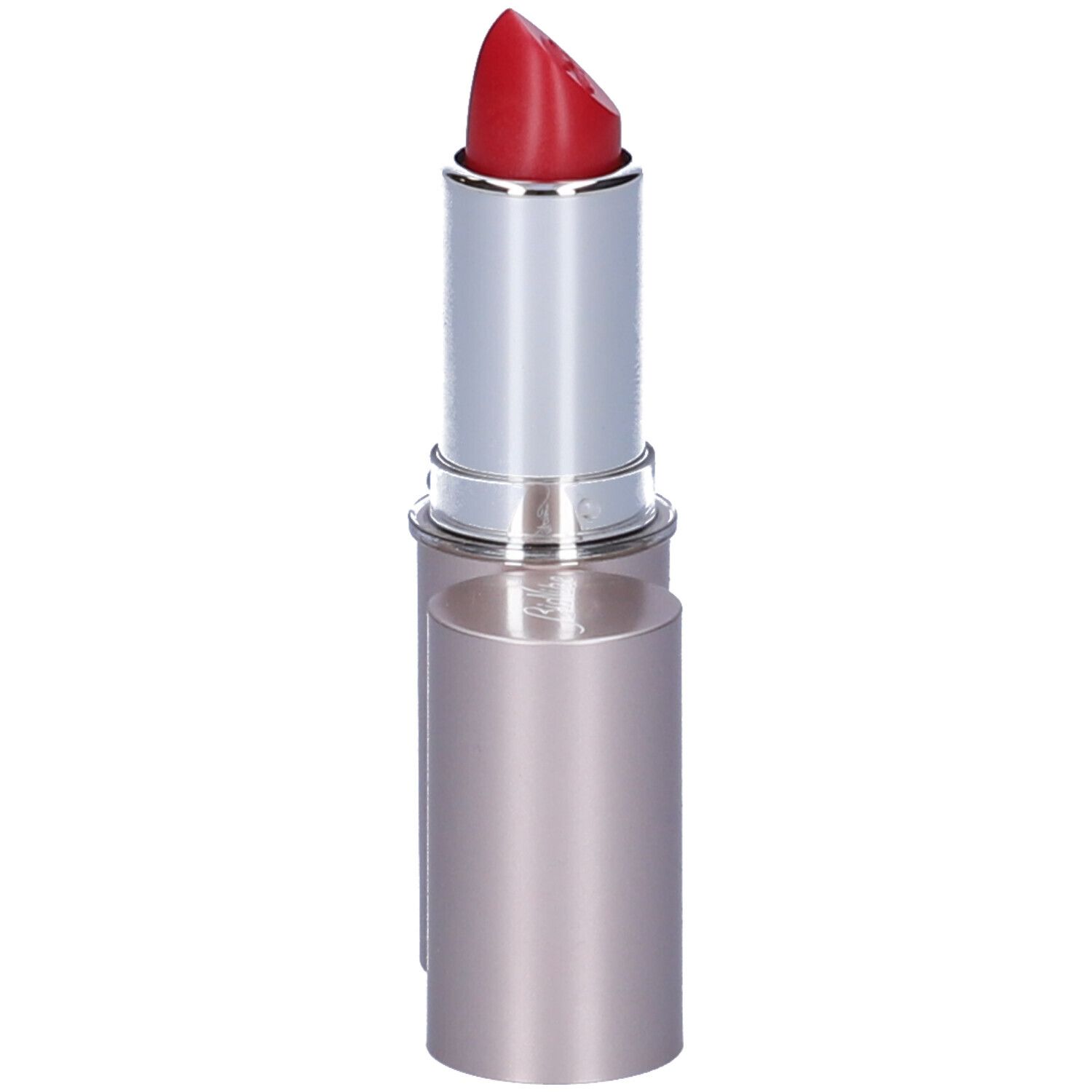 Rossetto rosa con astuccio argentato e cappuccio aperto. Sul rossetto è impresso un logo.