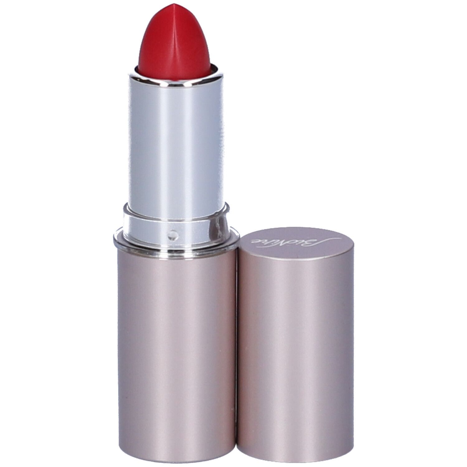 Rossetto rosa con astuccio argentato e cappuccio aperto. Sul rossetto è impresso un logo.