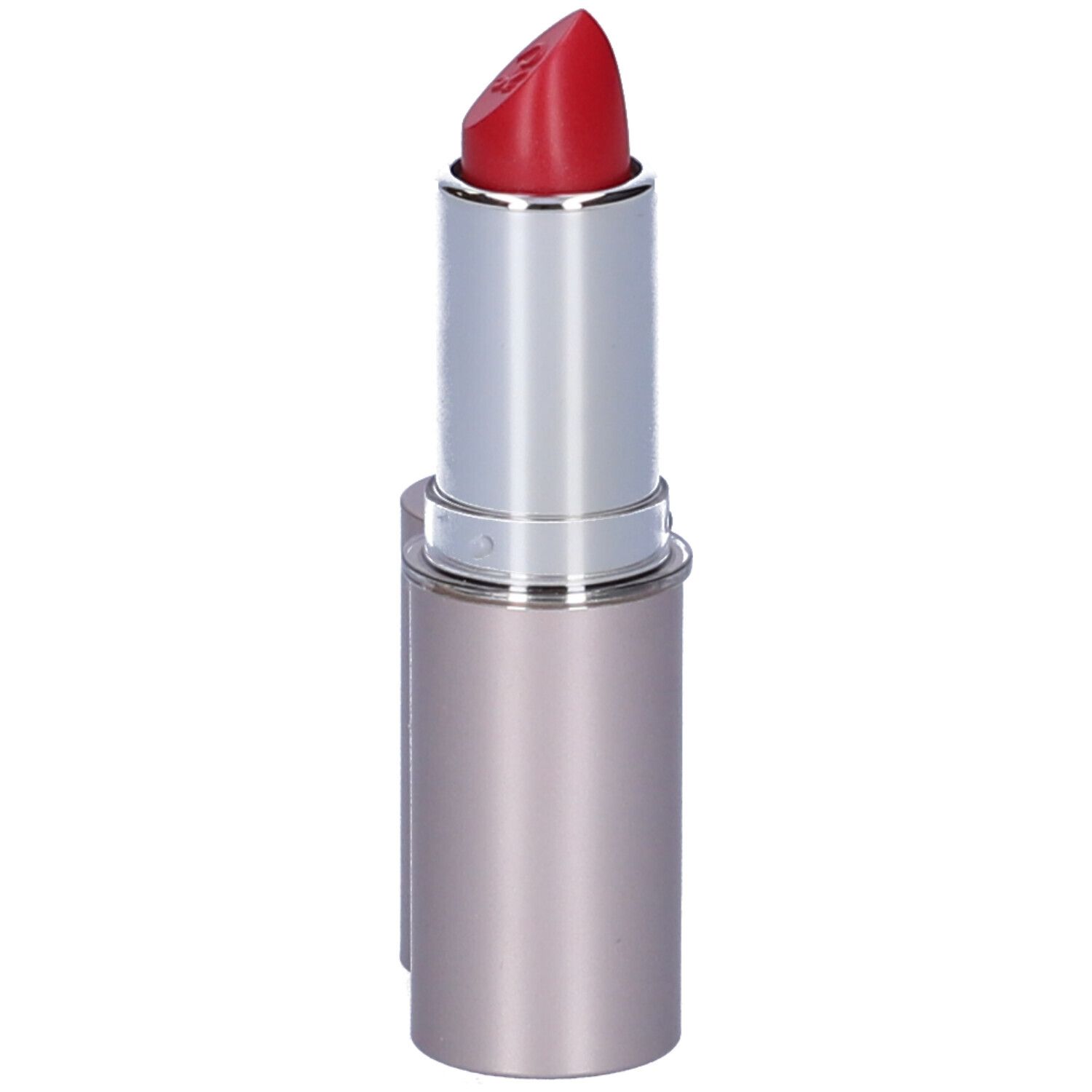 Rossetto rosa con astuccio argentato e cappuccio aperto. Sul rossetto è impresso un logo.