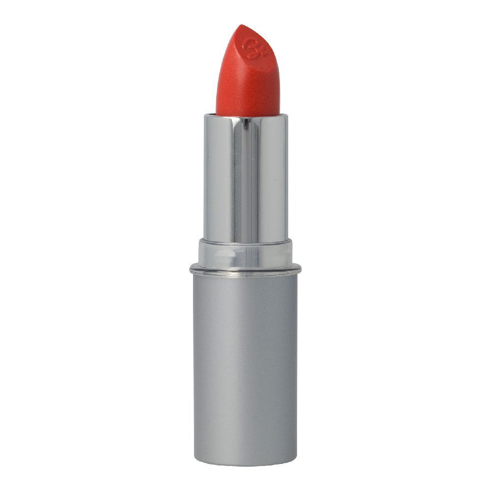 Rossetto rosso aranciato in un involucro argentato. Il rossetto è semitrasparente e ha una forma arrotondata.