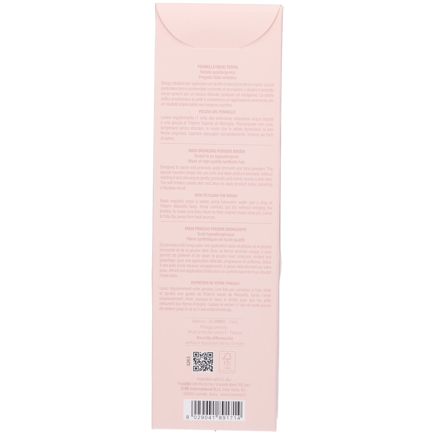 Confezione rosa con testo. Contiene informazioni sul prodotto. QR code e codice a barre in basso.