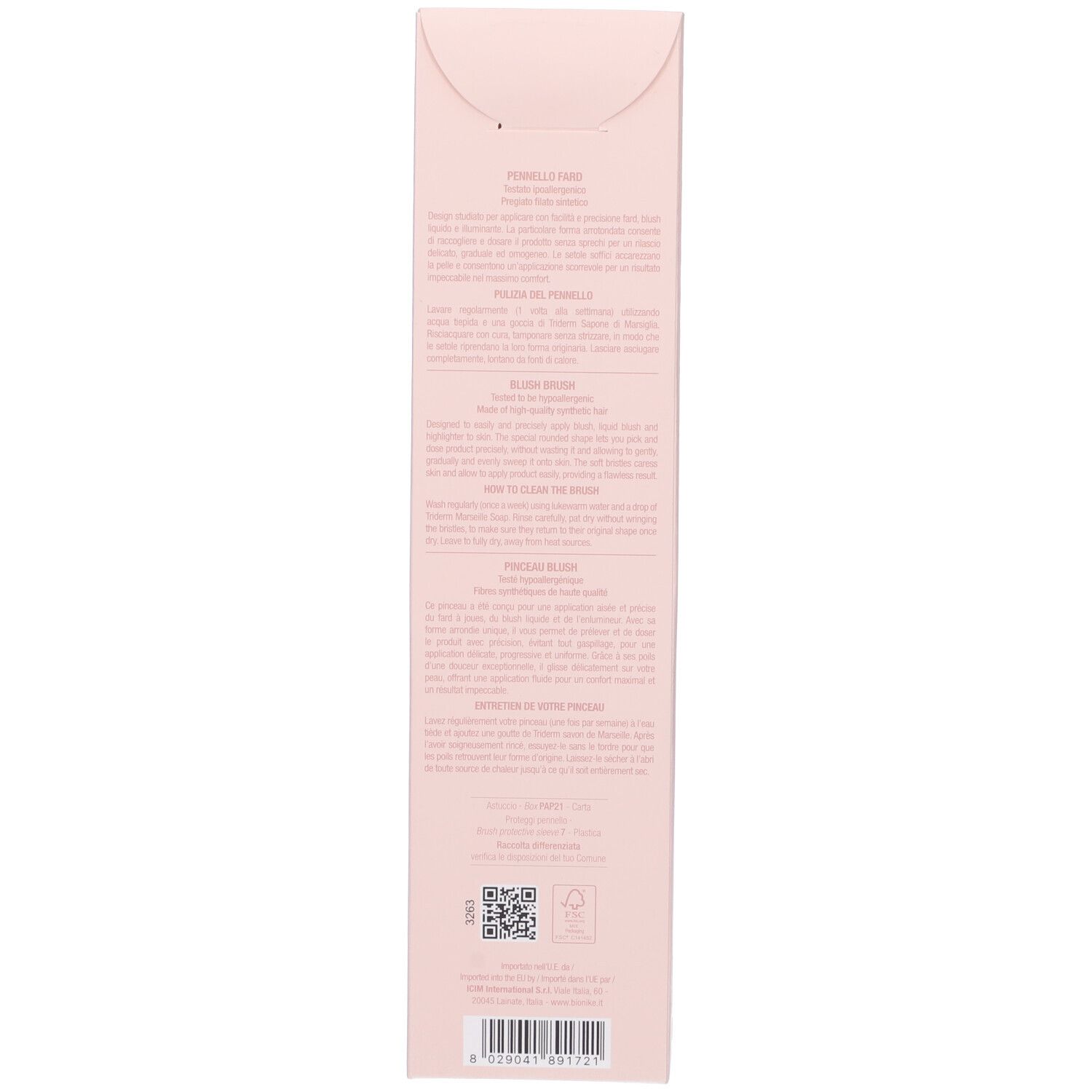 Retro della confezione rosa. Testo in più lingue. Codice QR e loghi. Certificazione FSC.
