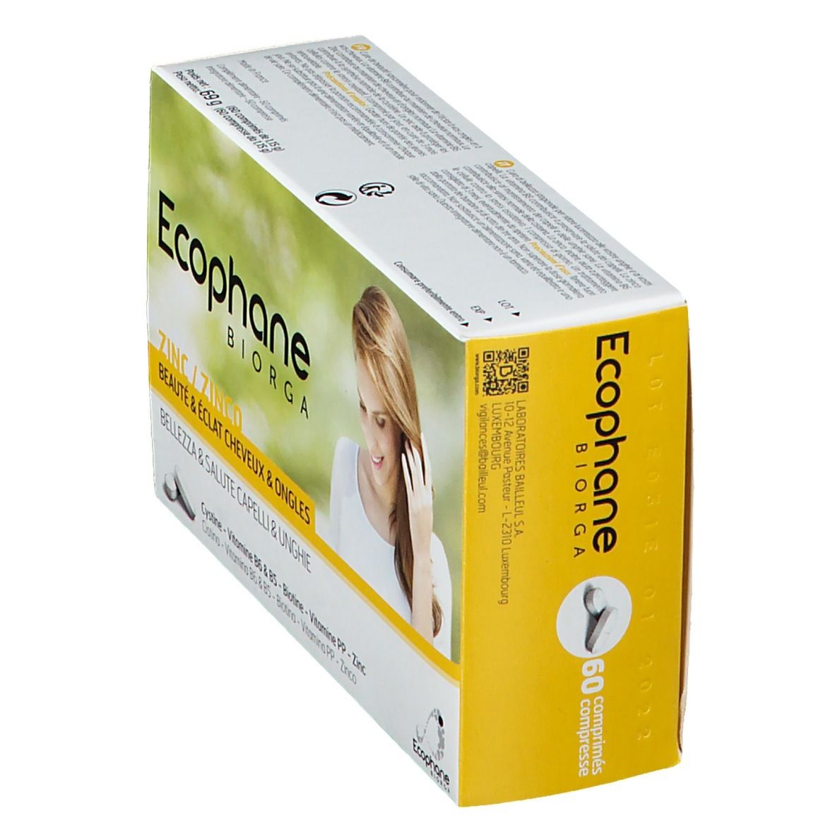 Scatola Ecophane BIORGA Zinco. Scritte: marchio, nome prodotto, donna con capelli, 60 compresse. Giallo e bianco.