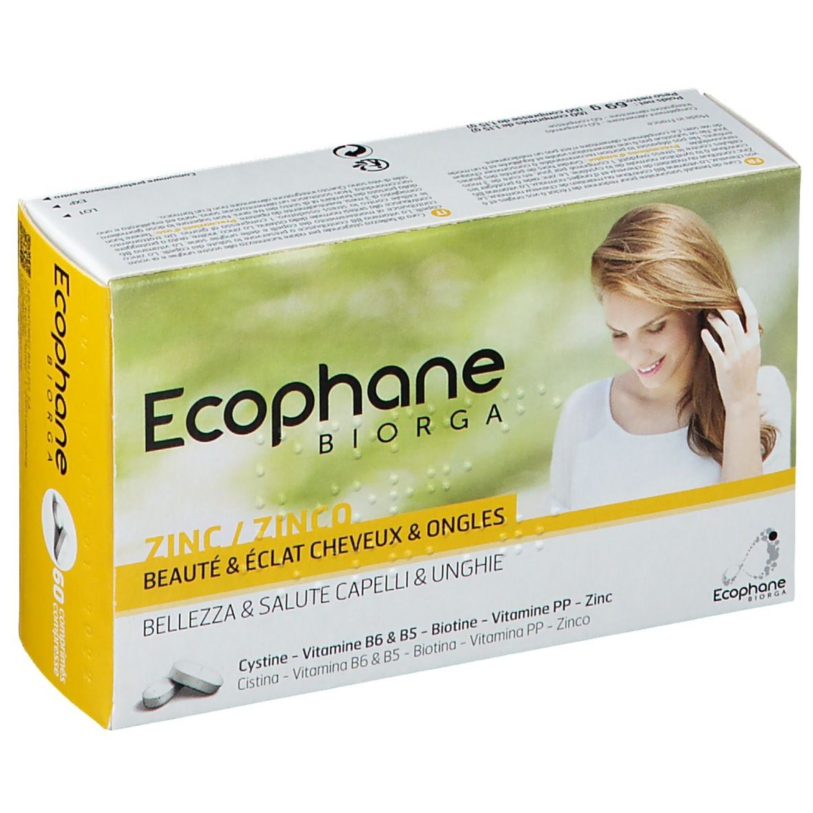 Scatola Ecophane BIORGA Zinco. Scritte: marchio, nome prodotto, donna con capelli, 60 compresse. Giallo e bianco.