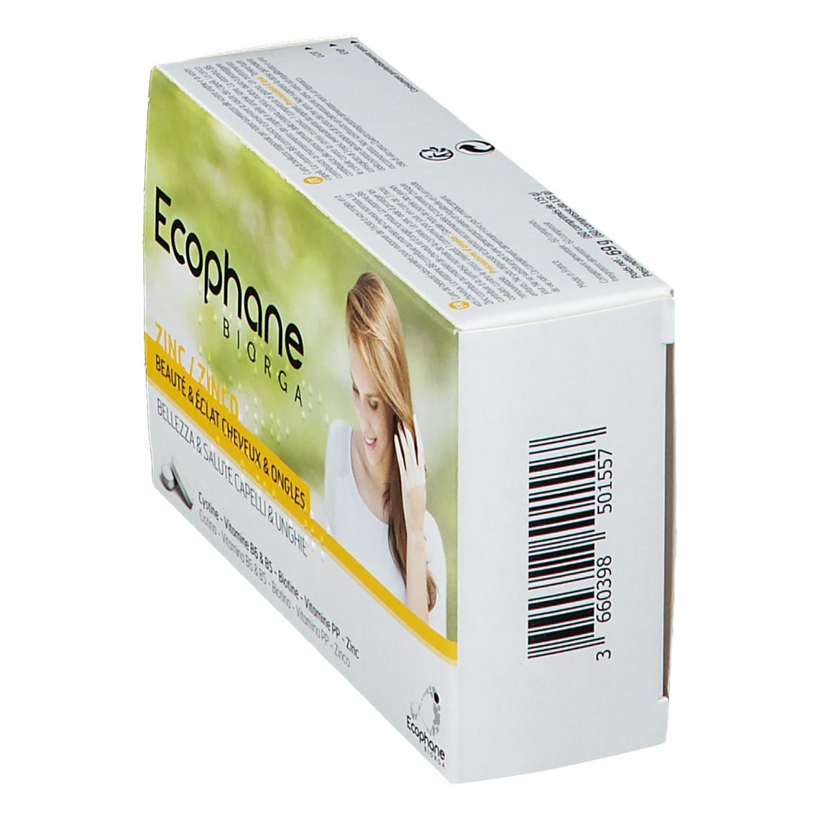 Scatola Ecophane BIORGA Zinco. Scritte: marchio, nome prodotto, donna con capelli, codice a barre. Giallo e bianco.