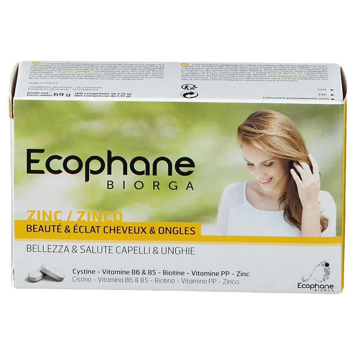 Scatola Ecophane BIORGA Zinco. Scritte: marchio, nome prodotto, donna con capelli, compresse. Giallo e bianco.