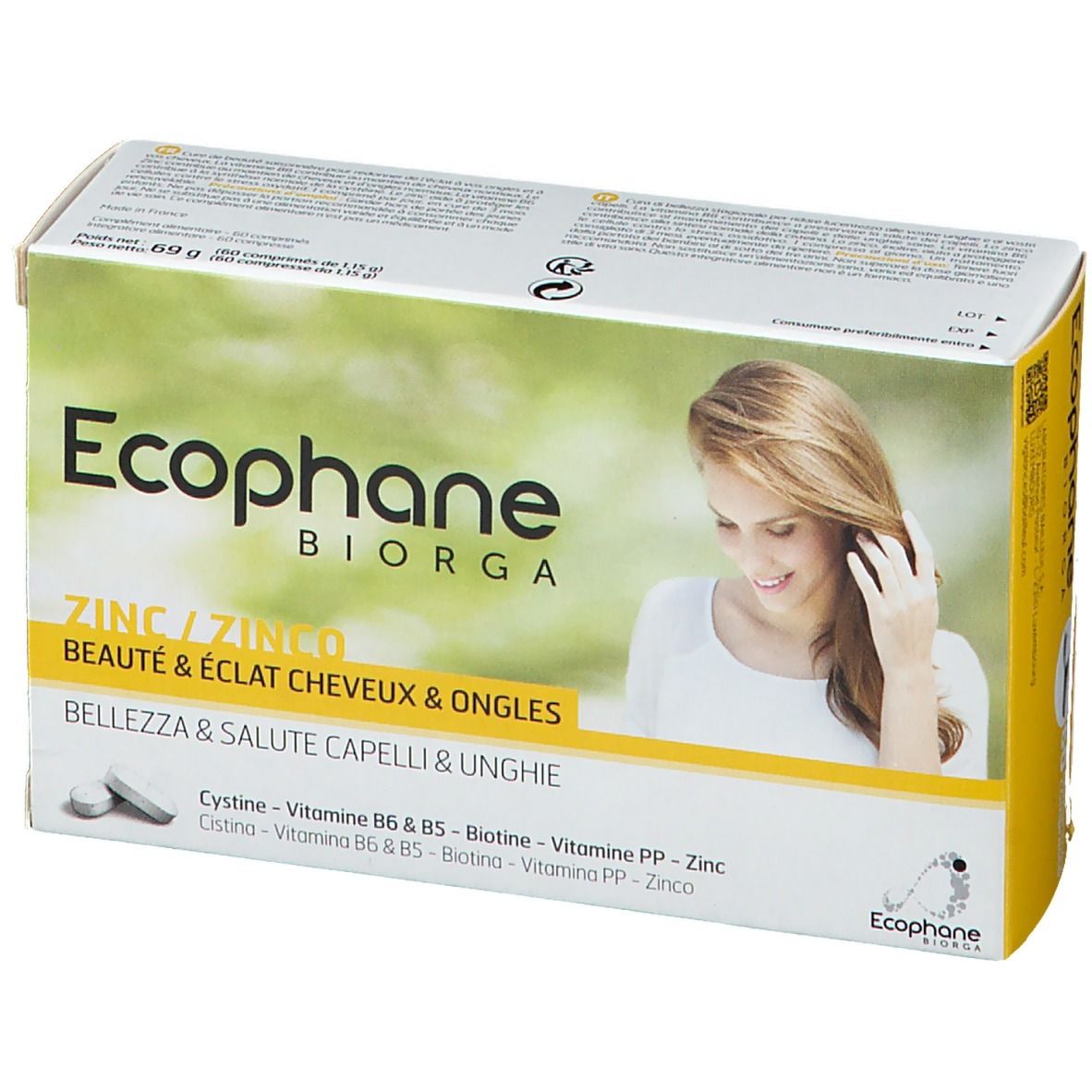 Scatola Ecophane BIORGA Zinco. Scritte: marchio, nome prodotto, donna con capelli, compresse. Giallo e bianco.