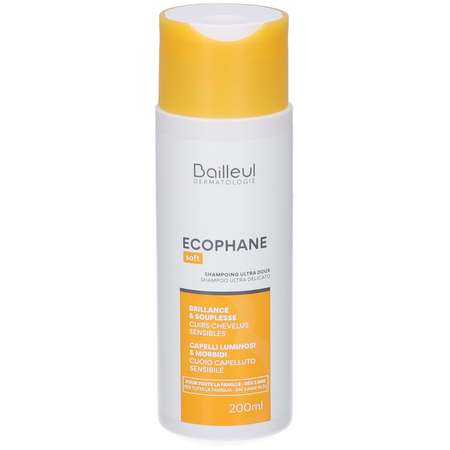 Weiße Flasche mit gelbem Klappdeckel, Ecophane Soft Shampoo, 200ml.