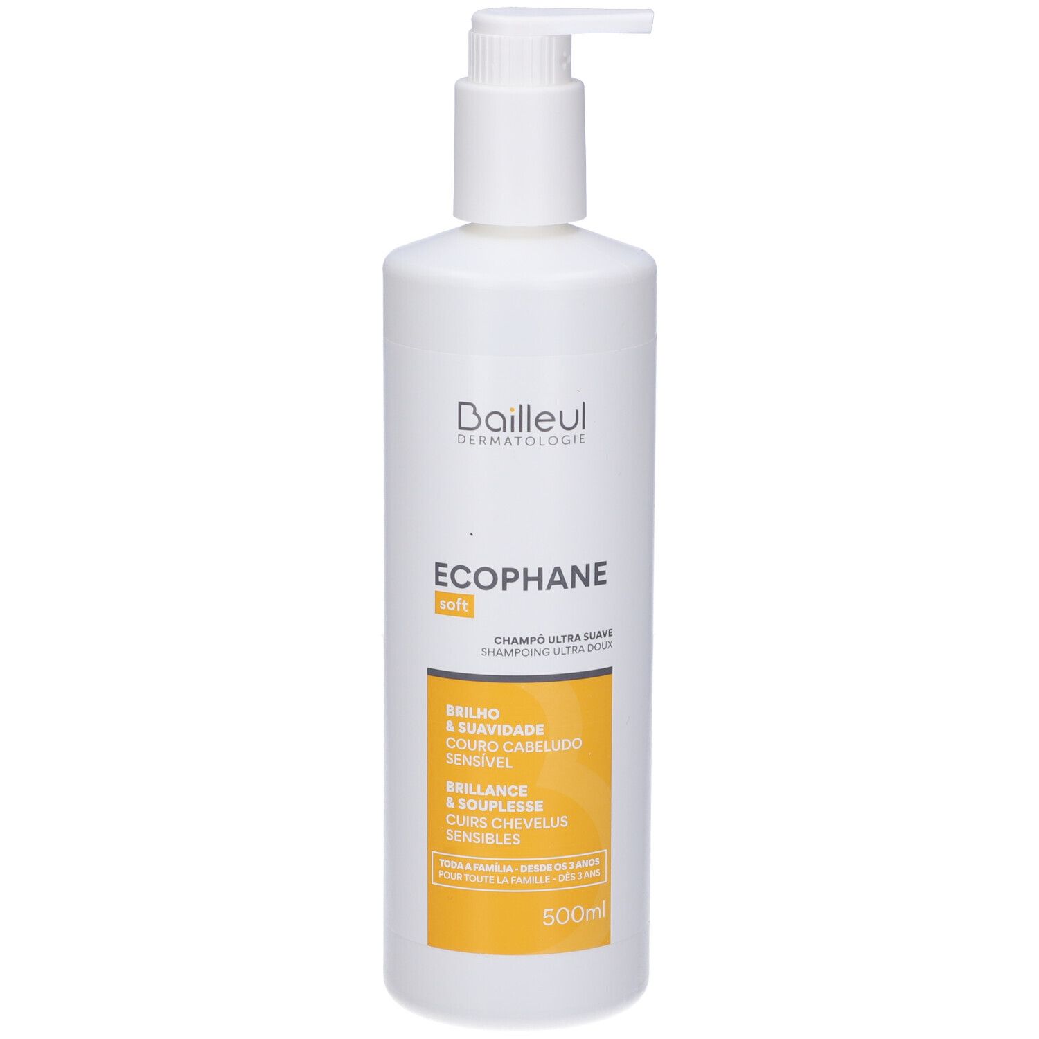 Weiße Flasche mit Pumpe. Auf gelbem Etikett: Ecophane soft, Champú ultra suave. 500ml.