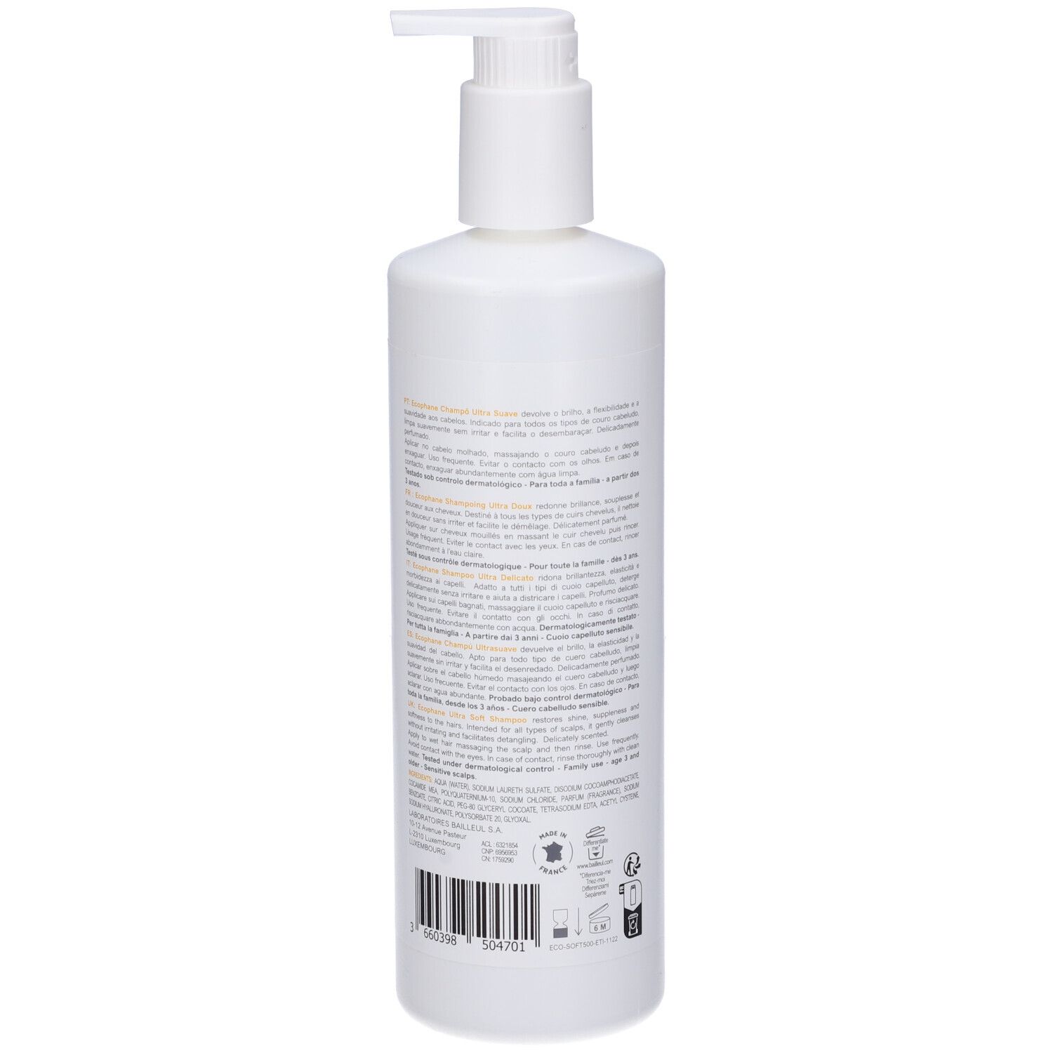 Weiße Flasche mit Pumpe. Rückseite mit Text und Barcode. Aufschrift: Baieulle Dermatologie.